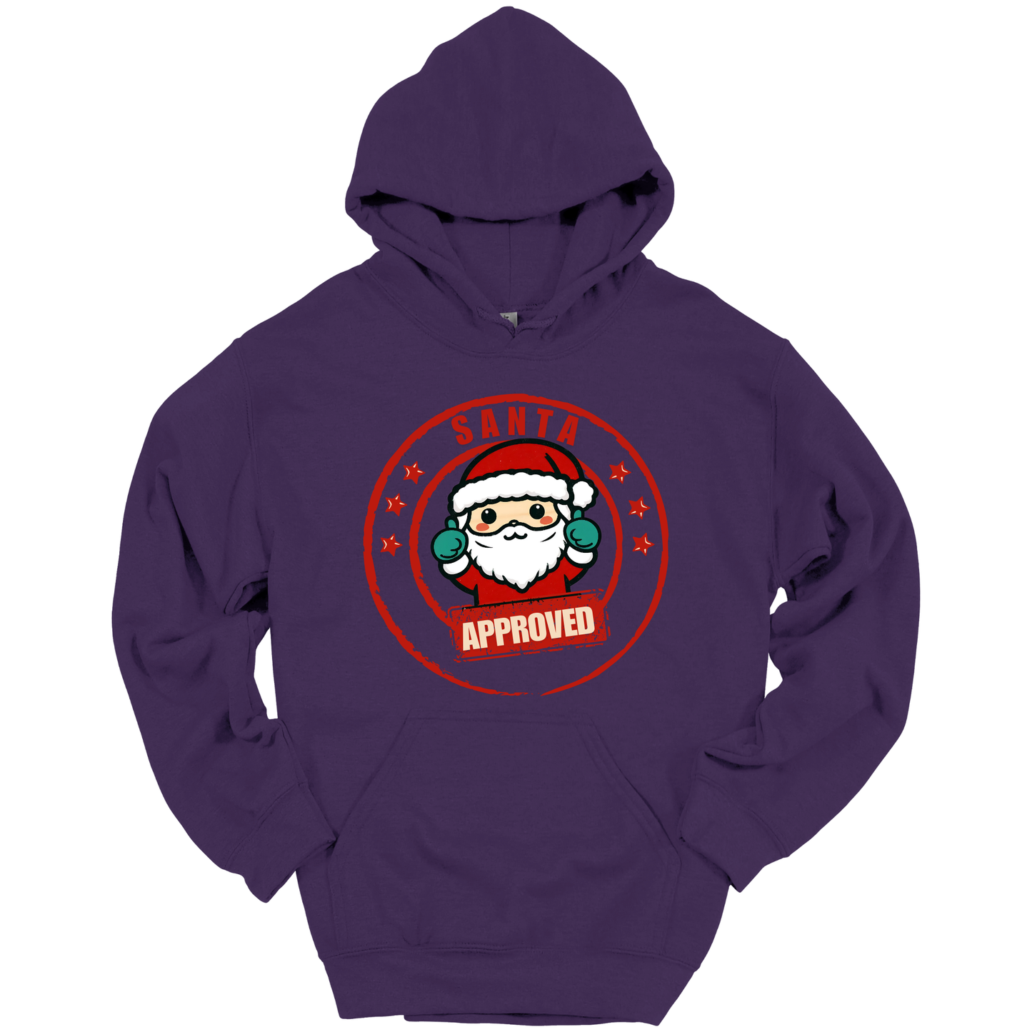 Purple Christmas hoodie with a Santa Claus graphic and 'Approved' text.
