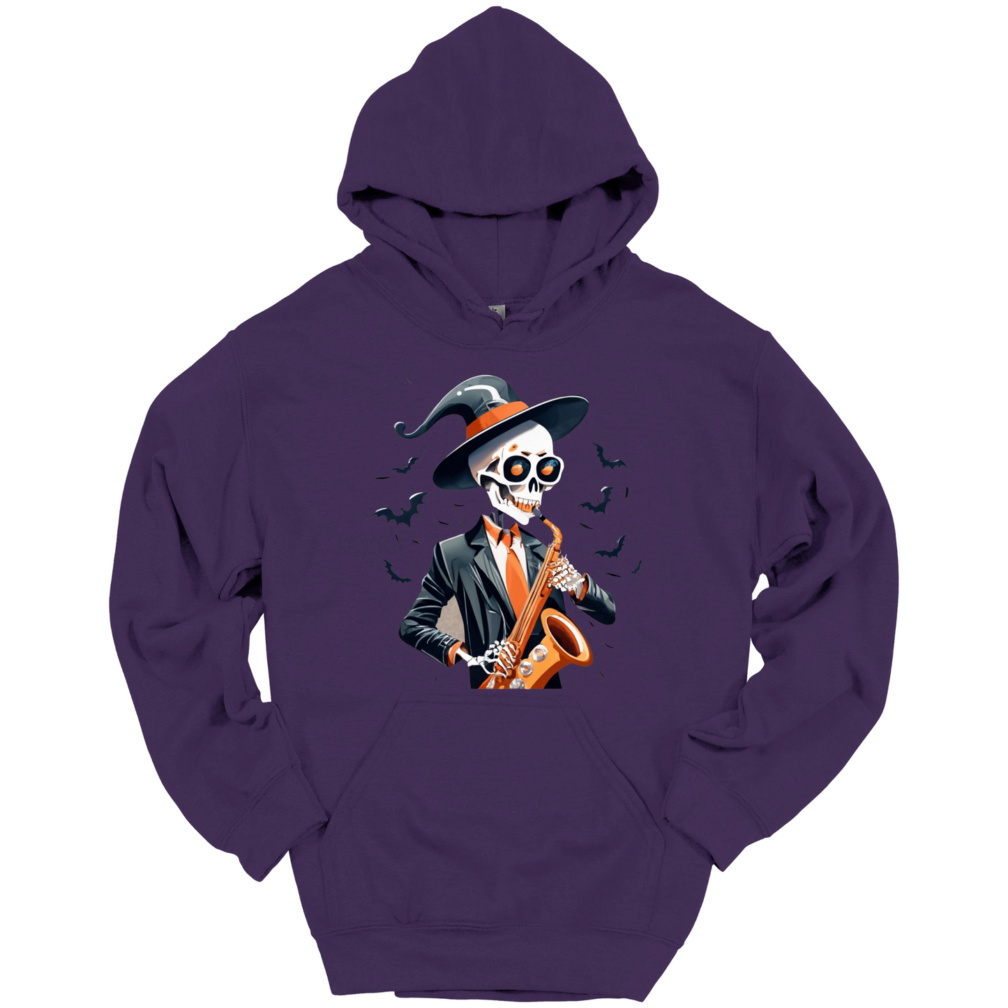 Purple halloween hoodie with a skeleton playing a saxophone and wearing a witch hat, surrounded by bats.