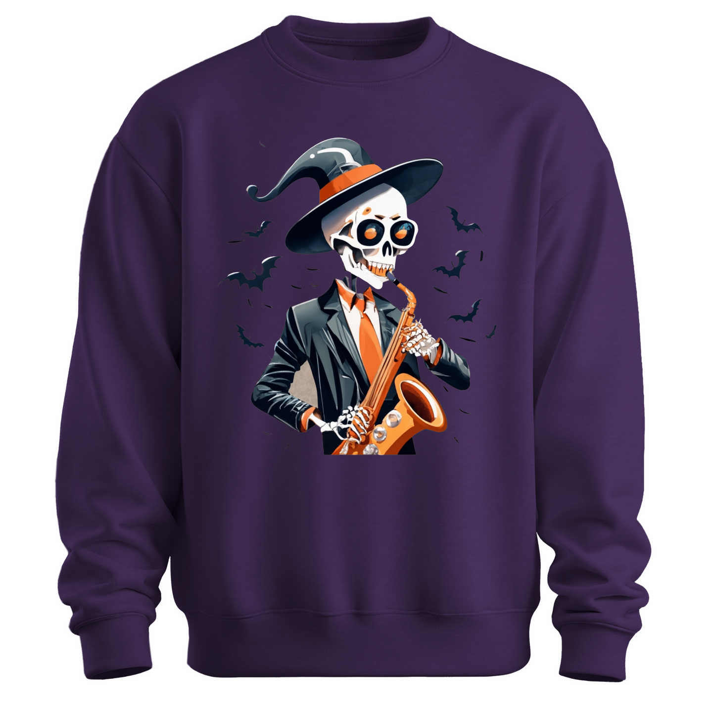 Purple halloween sweatshirt with a skeleton playing a saxophone and wearing a witch hat, surrounded by bats.