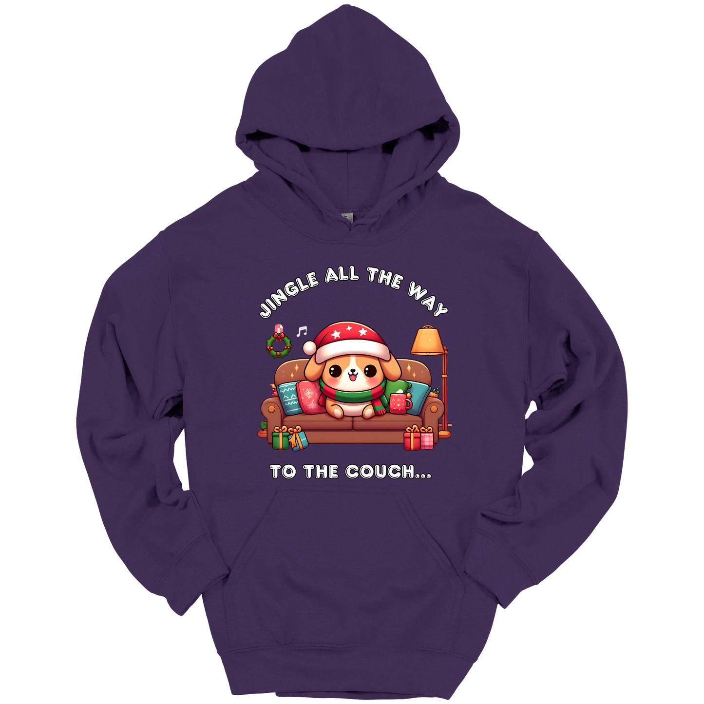 Purple hoodie with Christmas-themed design of a dog on a couch and text 'Jingle all the way to the couch'.