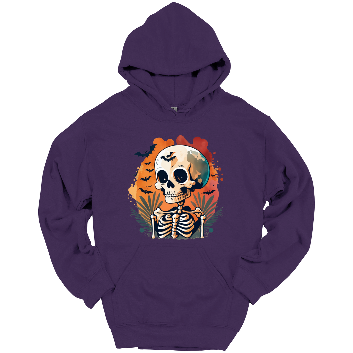 Purple hoodie with a Halloween-themed design featuring a skull and skeleton surrounded with bats.