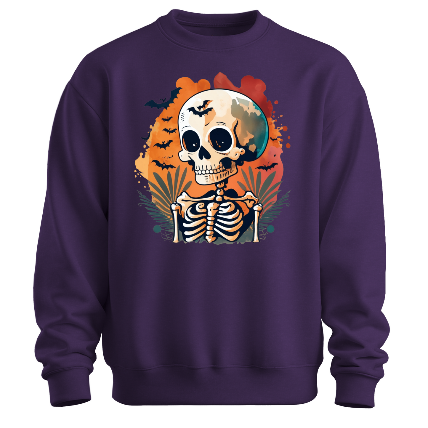 Purple sweatshirt with a Halloween-themed design featuring a skeleton and skull surrounded with bats.