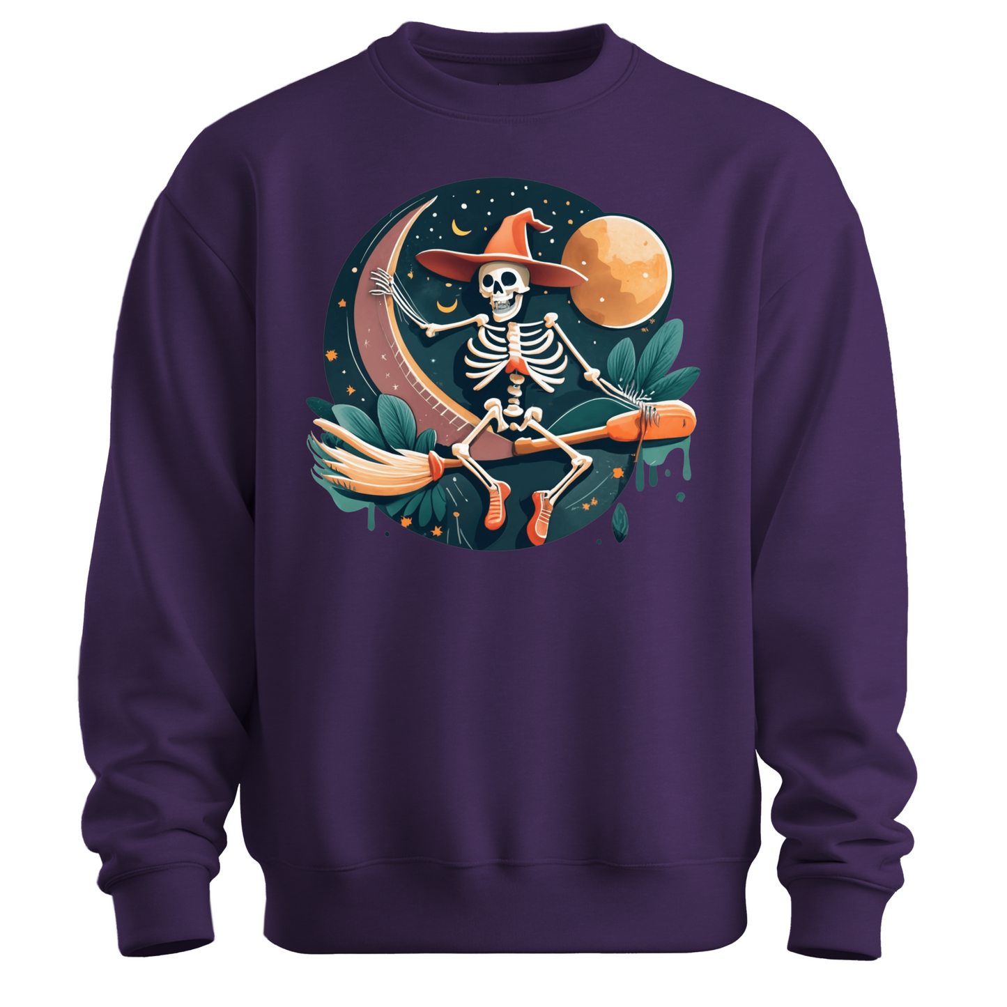 Purple halloween sweatshirt with a skeleton on a broomstick wearing a witch hat in the night time.
