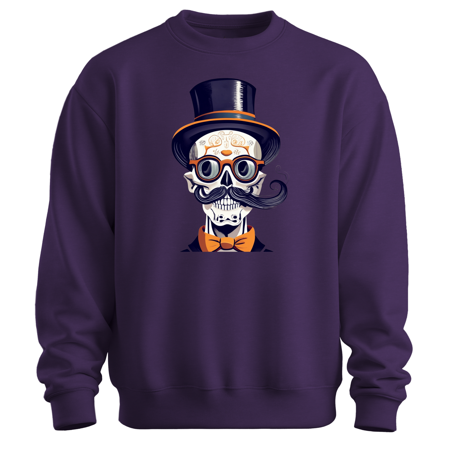 Purple halloween sweatshirt with a skull wearing a top hat, glasses and a bow tie.