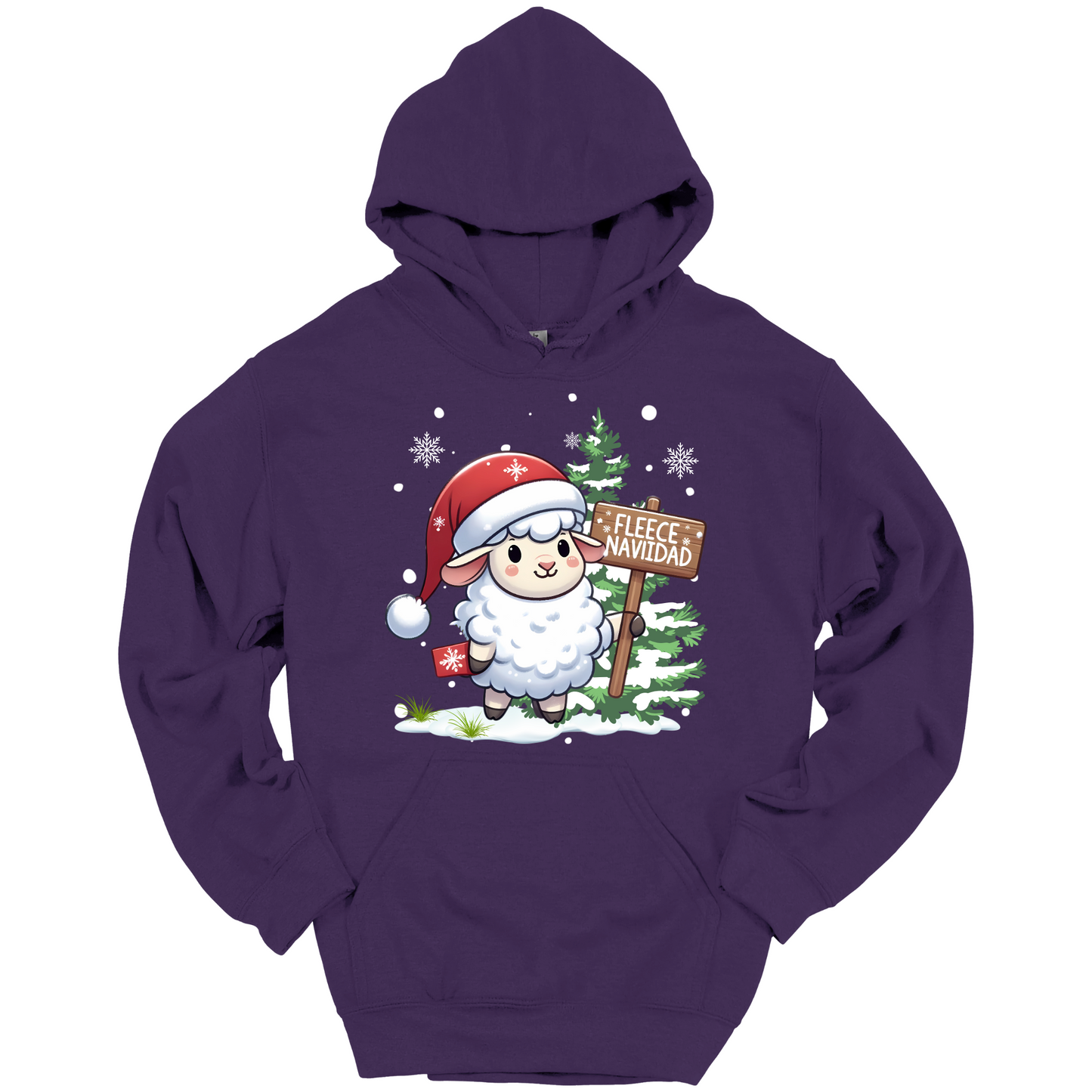 Purple Christmas hoodie with a Christmas-themed design featuring a sheep in a Santa hat and a sign.