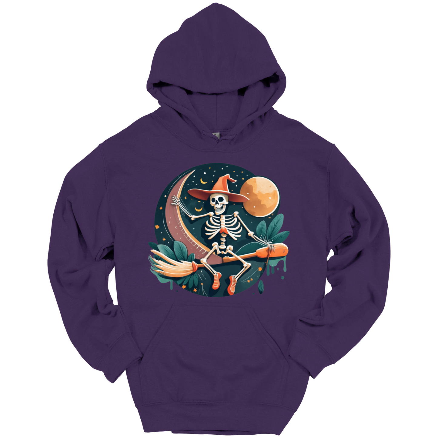 Purple halloween hoodie with a skeleton on a broomstick wearing a witch hat in the night time.
