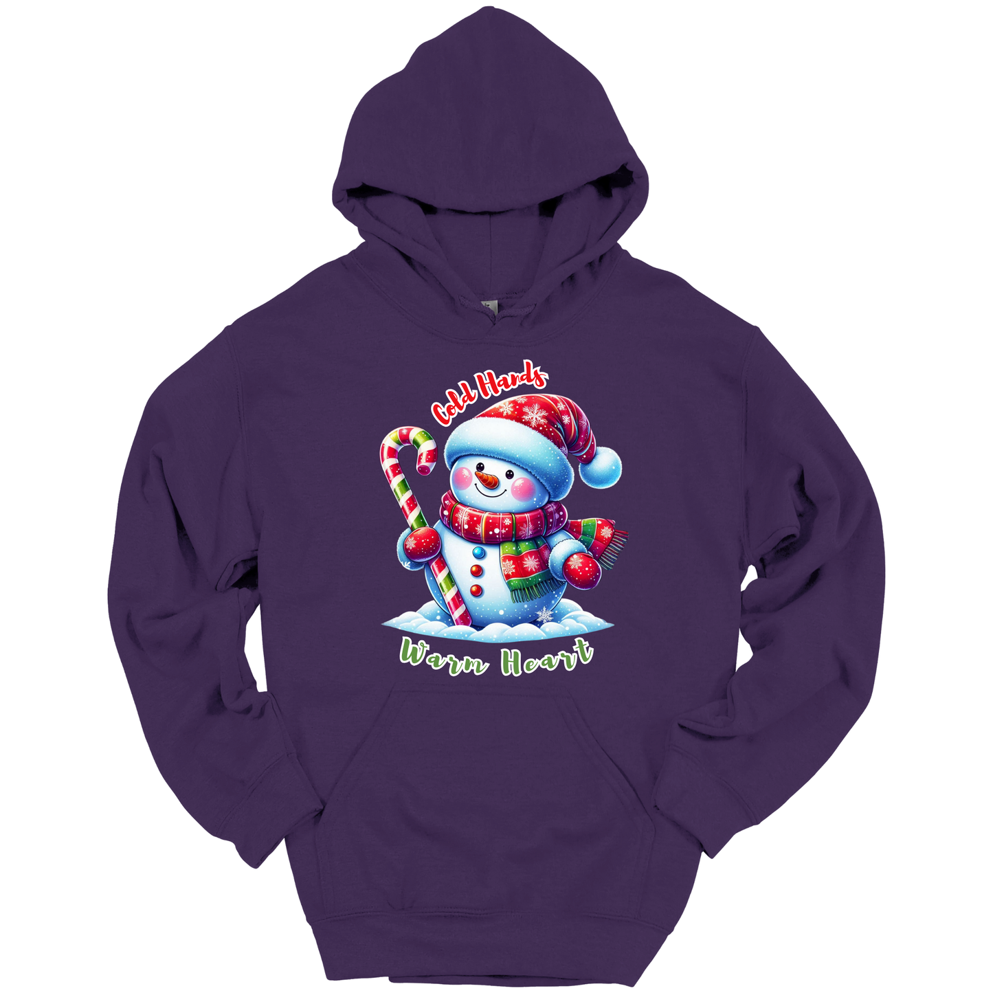 Purple Christmas hoodie with a snowman graphic with a text "Cold Hands Warm Hearts"
