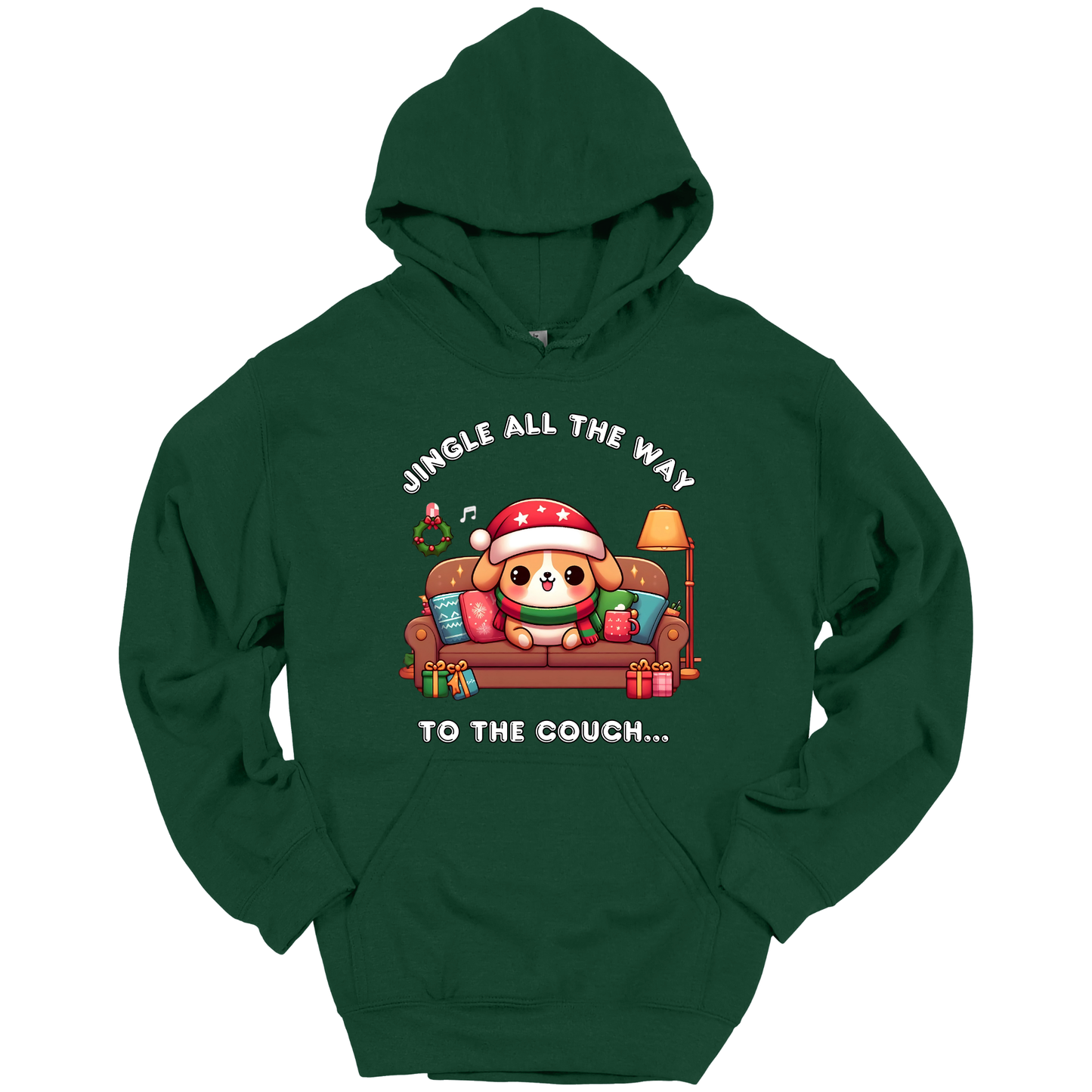 Green hoodie with Christmas design of a dog on a couch and text 'Jingle all the way to the couch'.