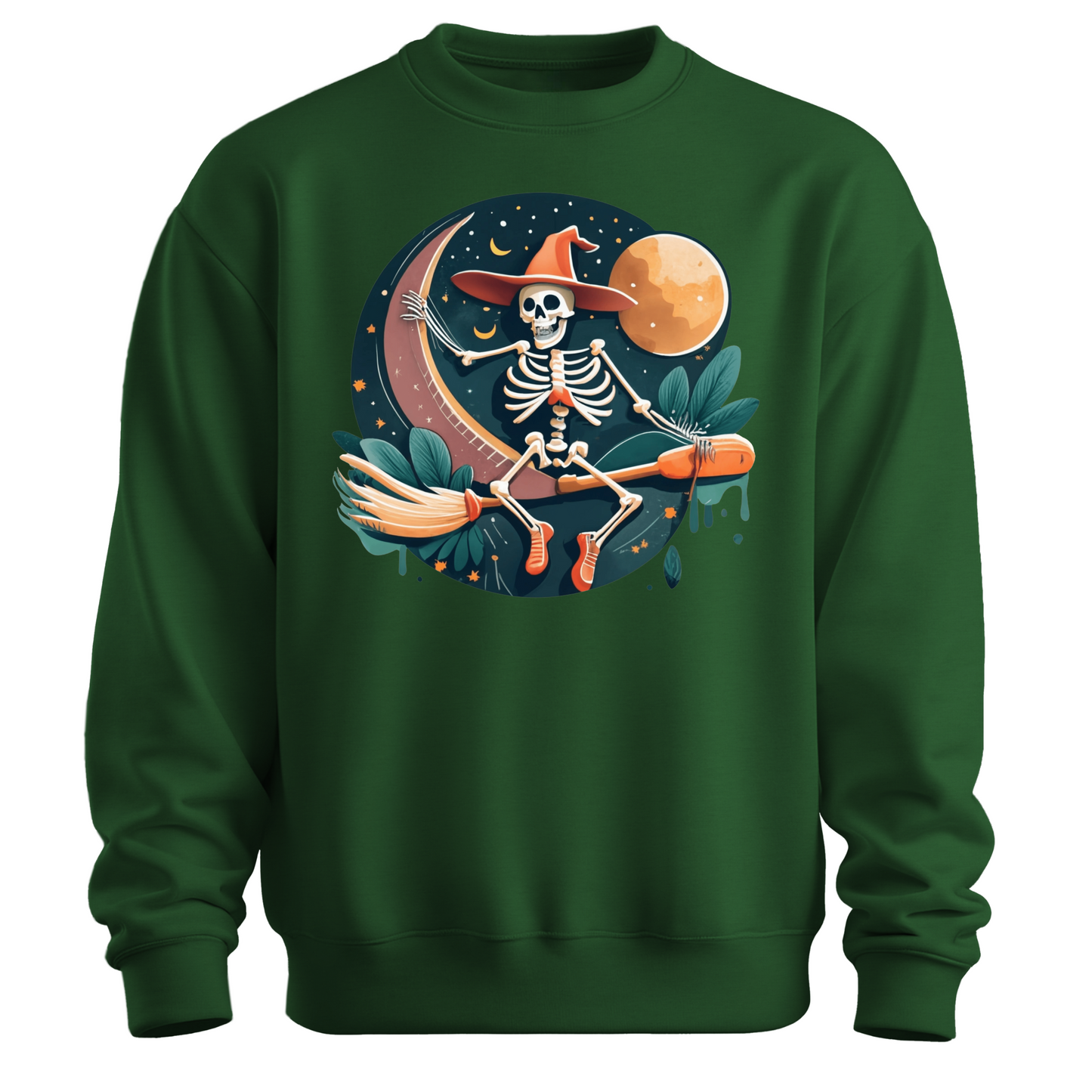 Green halloween sweatshirt with a skeleton on a broomstick wearing a witch hat in the night time.