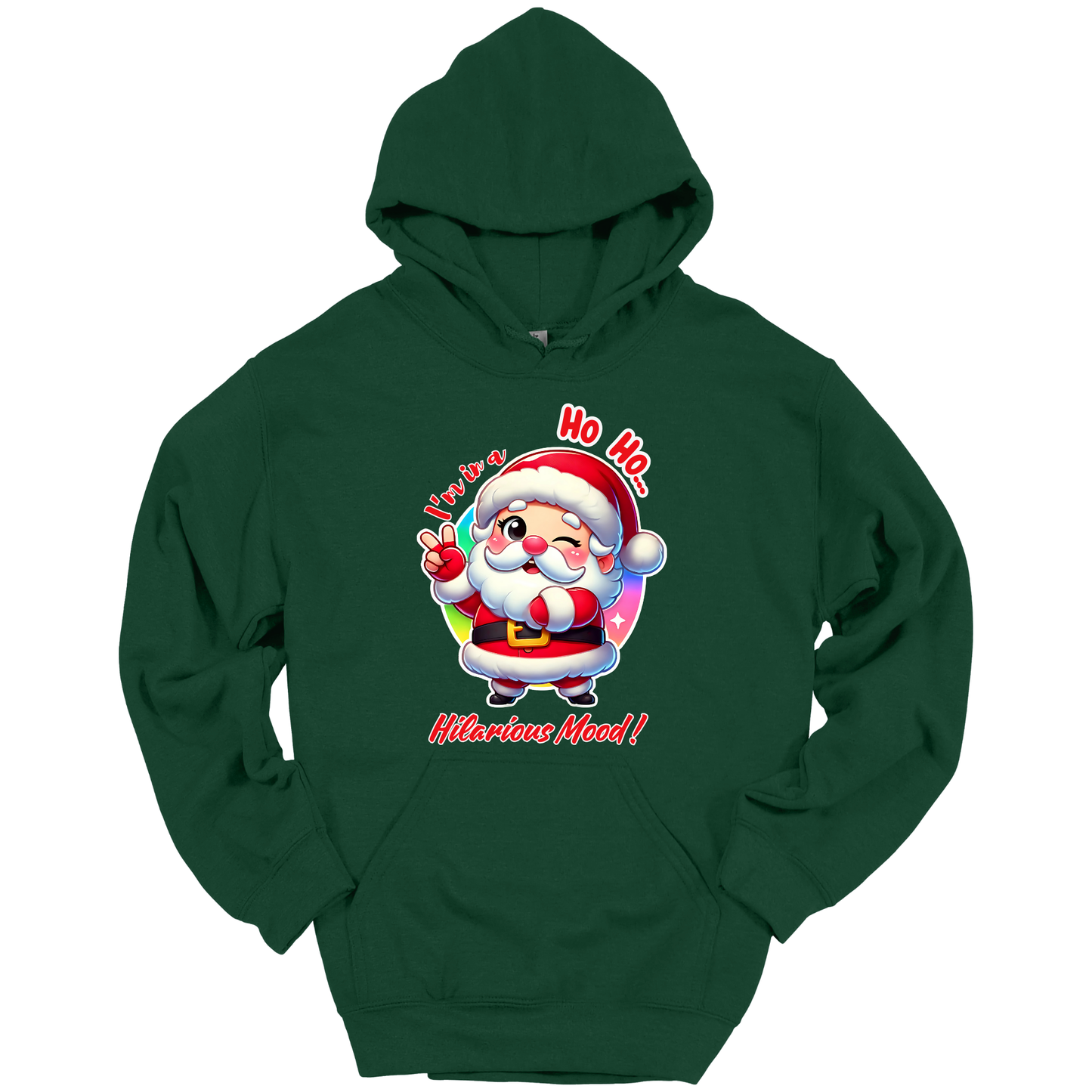 Green Christmas hoodie with a cartoon Santa Claus design