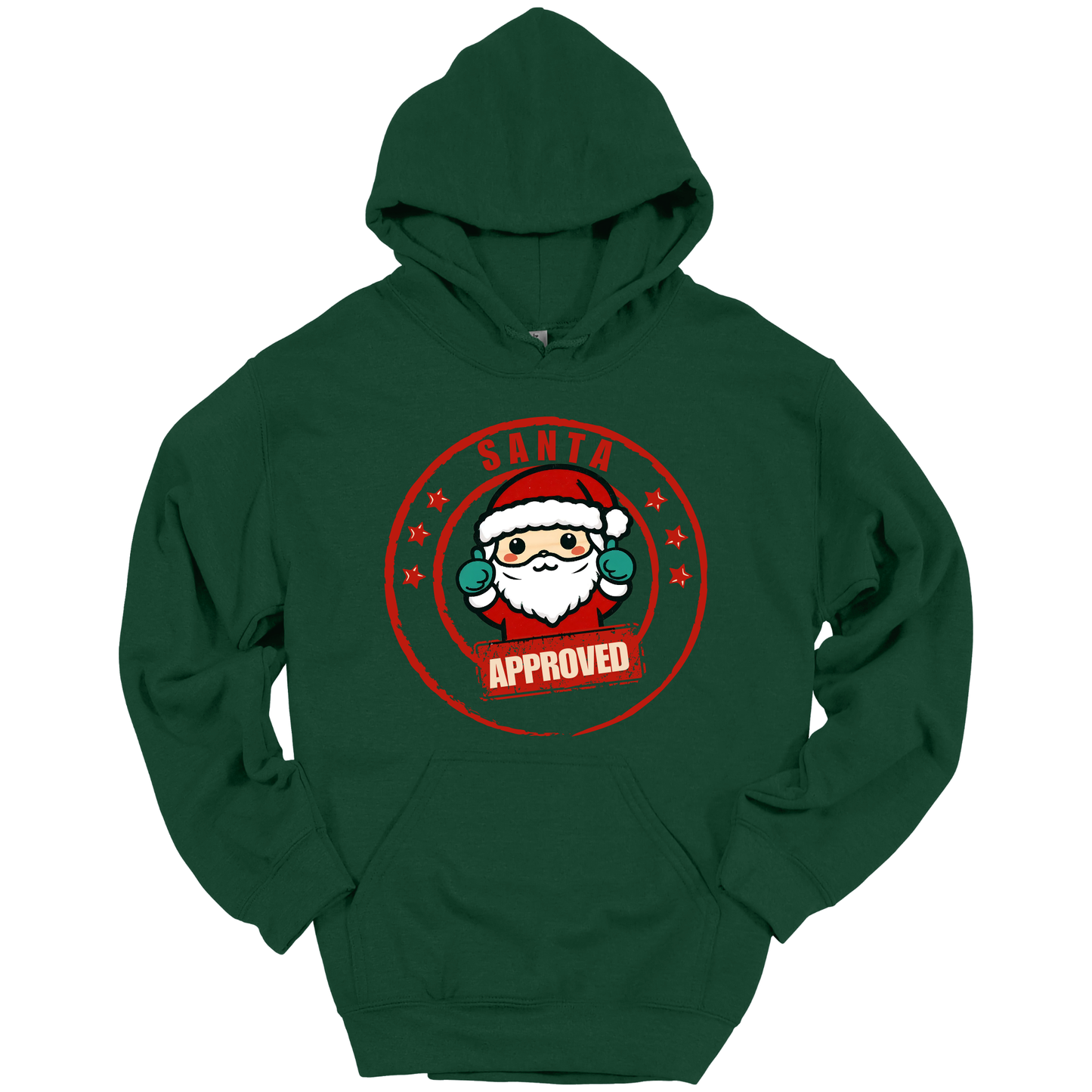 Green Christmas hoodie with a Santa Claus graphic and 'Approved' text.