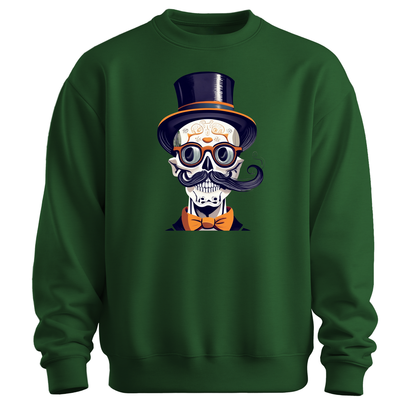Green halloween sweatshirt with a skull wearing a top hat, glasses and a bow tie.