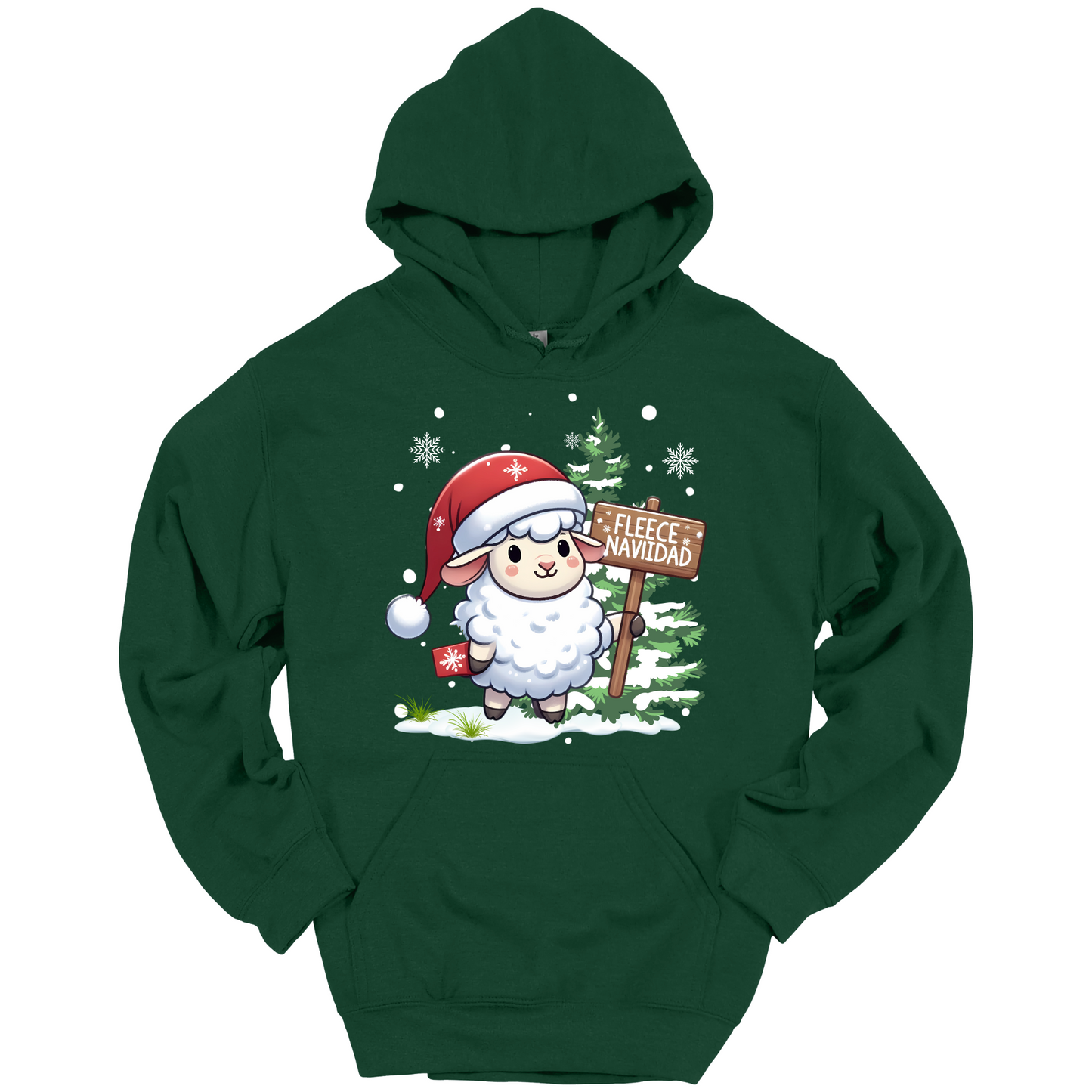 Green Christmas hoodie with a Christmas-themed design featuring a sheep in a Santa hat and a sign.