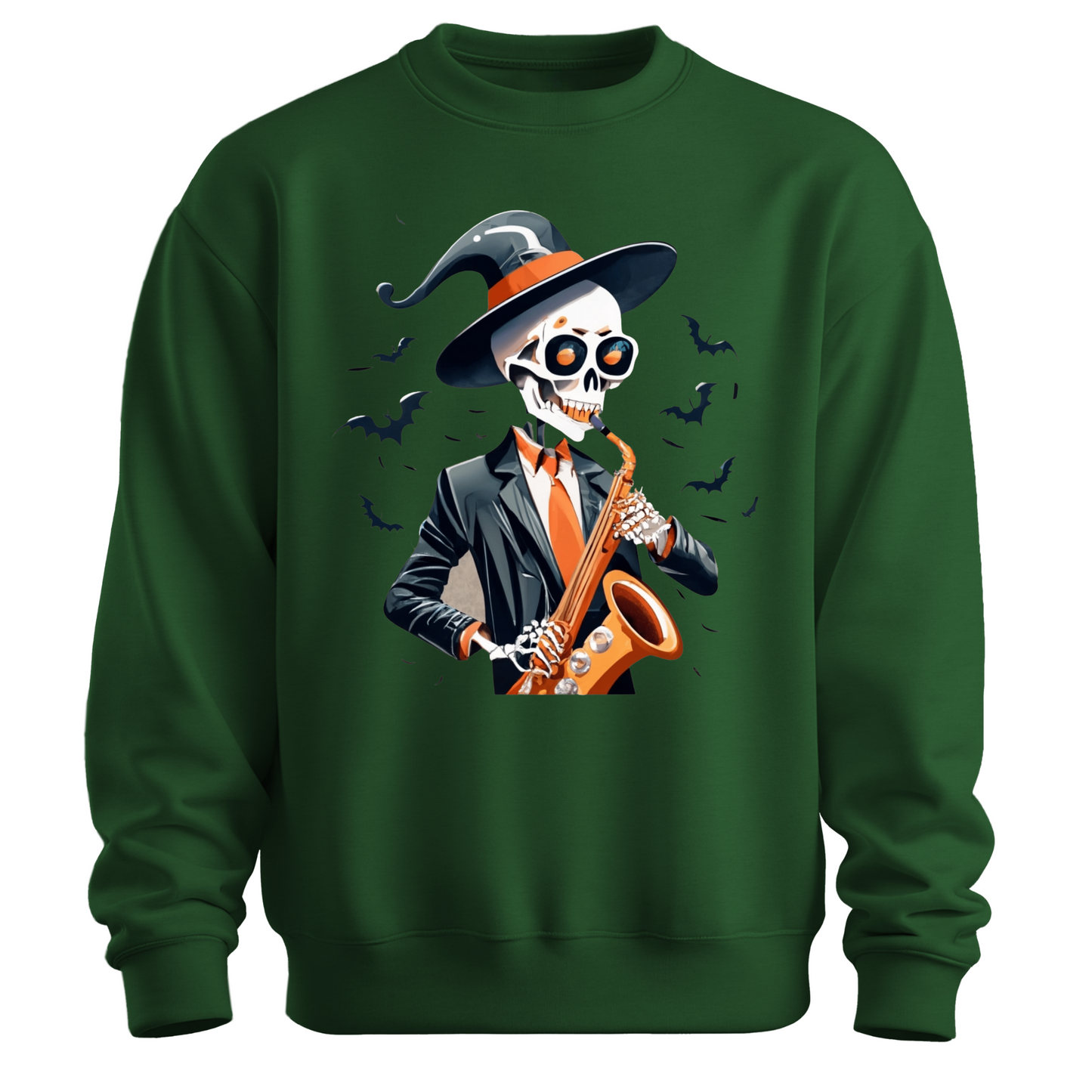 Green halloween sweatshirt with a skeleton playing a saxophone and wearing a witch hat, surrounded by bats.