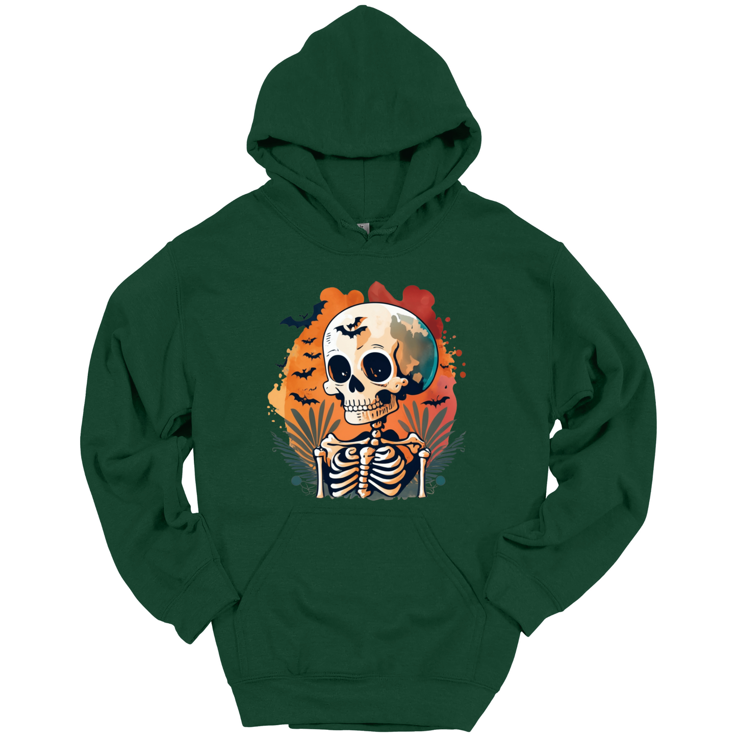 Green hoodie with a Halloween-themed design featuring a skull and skeleton surrounded with bats.