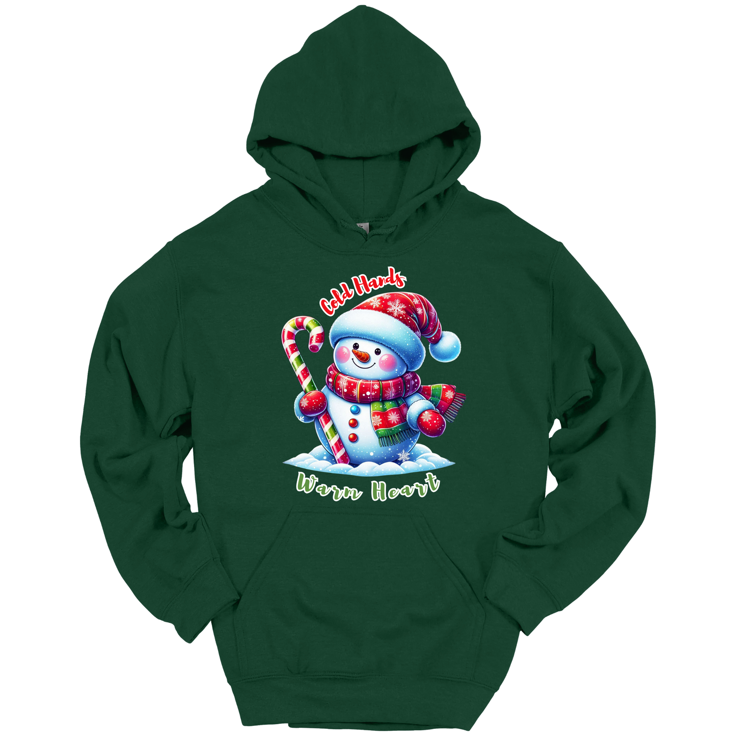 Green Christmas hoodie with a snowman graphic with a text "Cold Hands Warm Hearts"