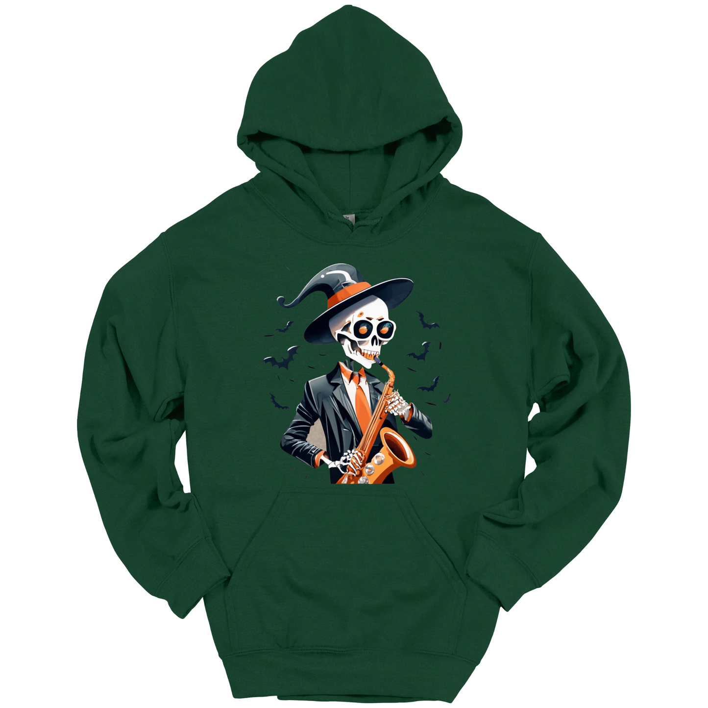 Green halloween hoodie with a skeleton playing a saxophone and wearing a witch hat, surrounded by bats.