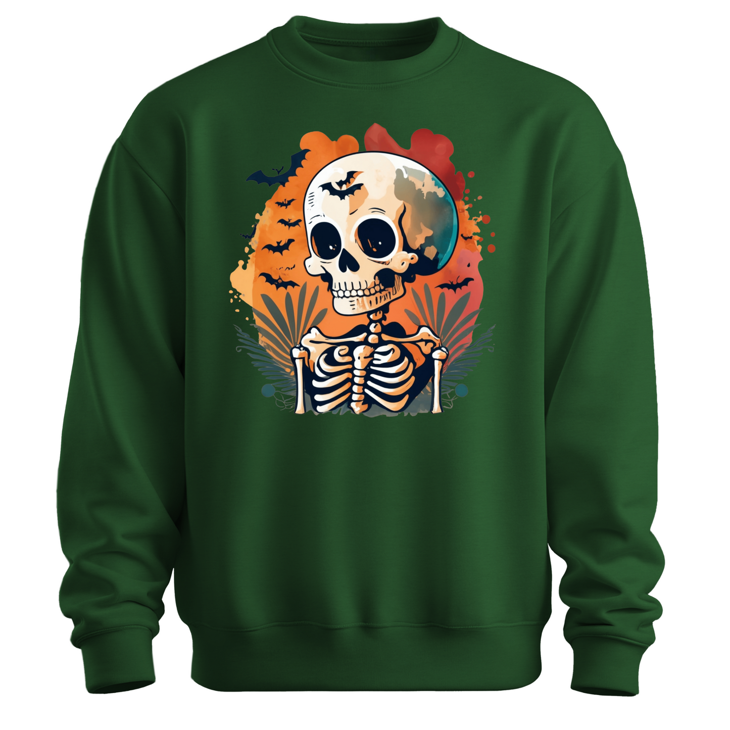 Green sweatshirt with a Halloween-themed design featuring a skeleton and skull surrounded with bats.
