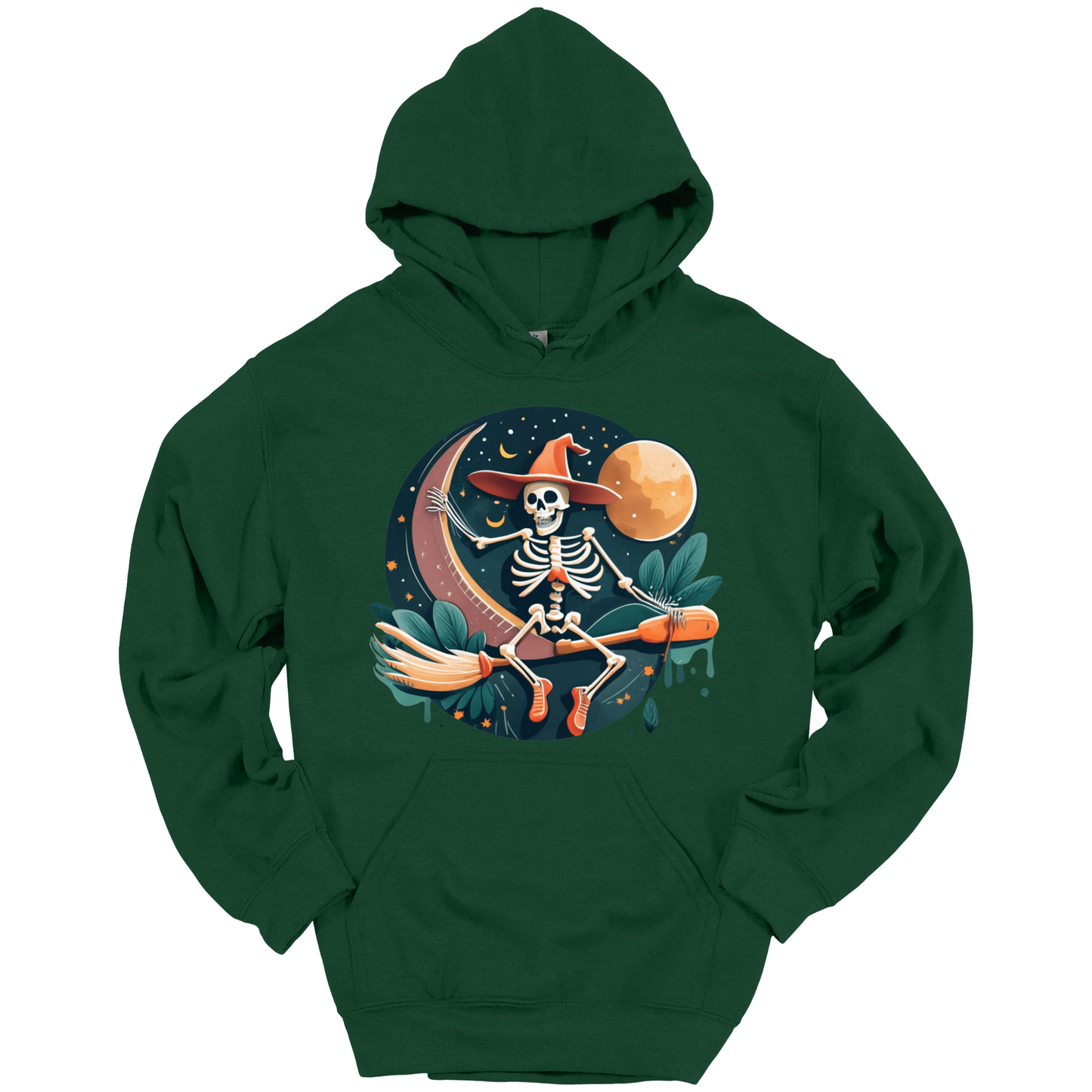 Green halloween hoodie with a skeleton on a broomstick wearing a witch hat in the night time.