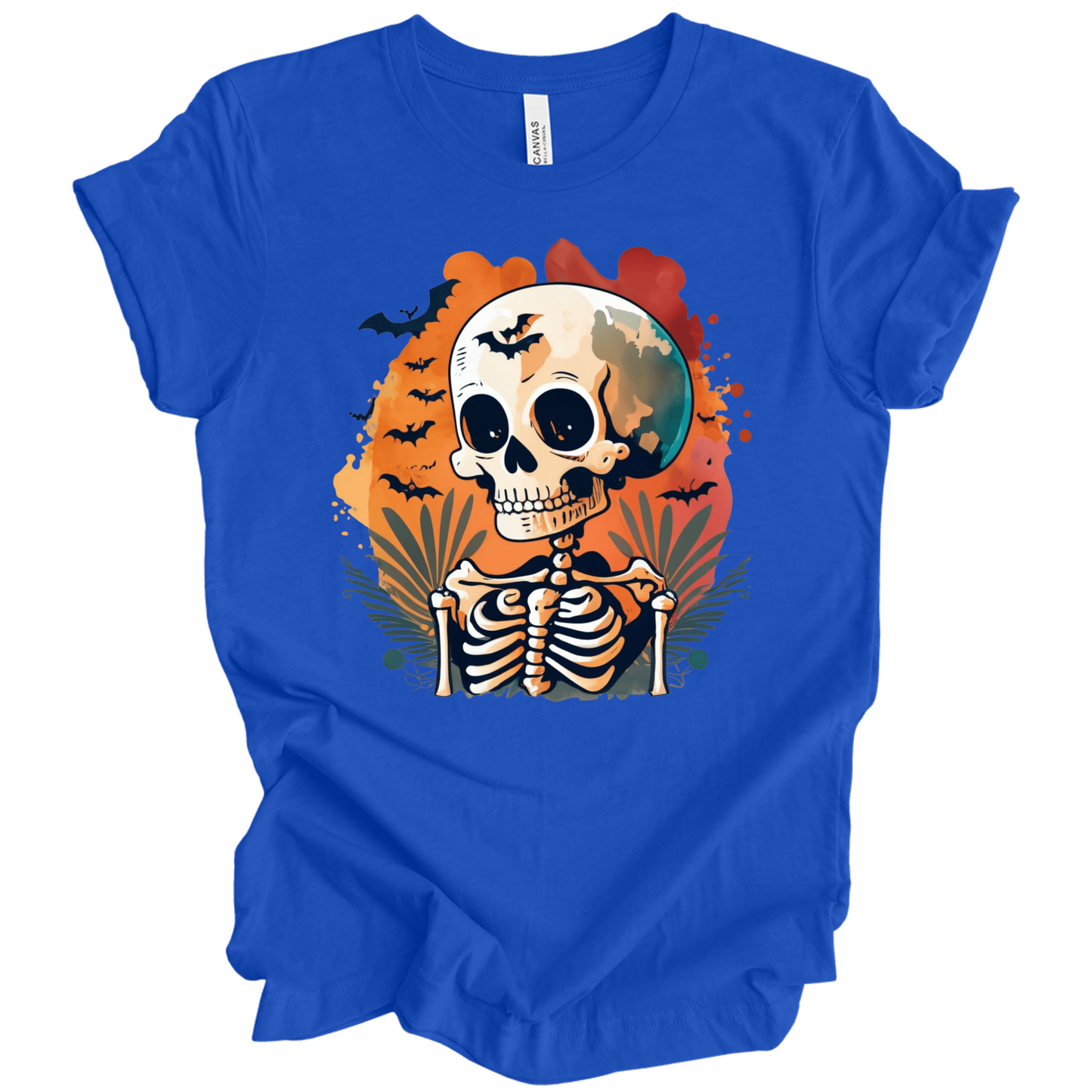 Blue t-shirt with a Halloween-themed design featuring a skeleton and skull surrounded with bats.