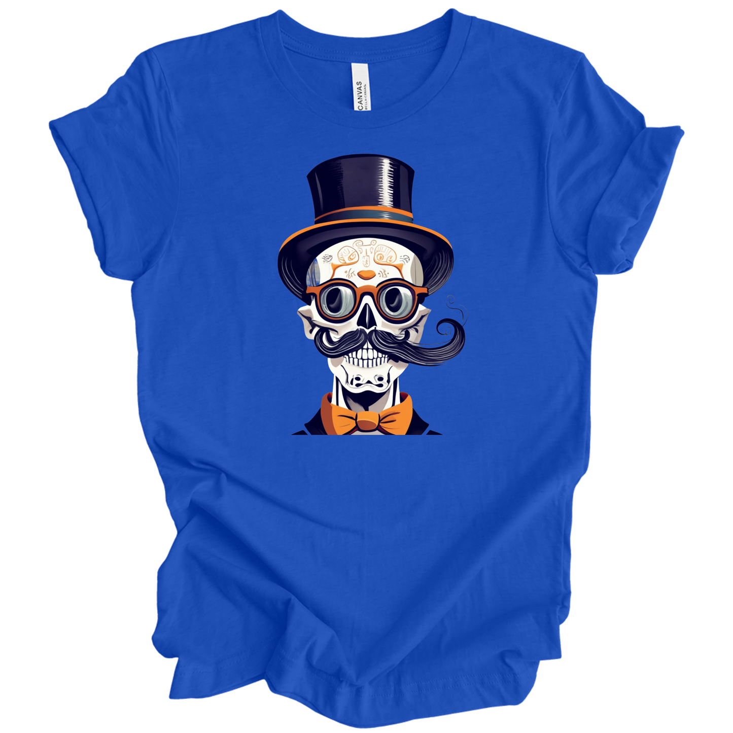 Blue halloween t-shirt with a skull wearing a top hat, glasses, and bow tie.