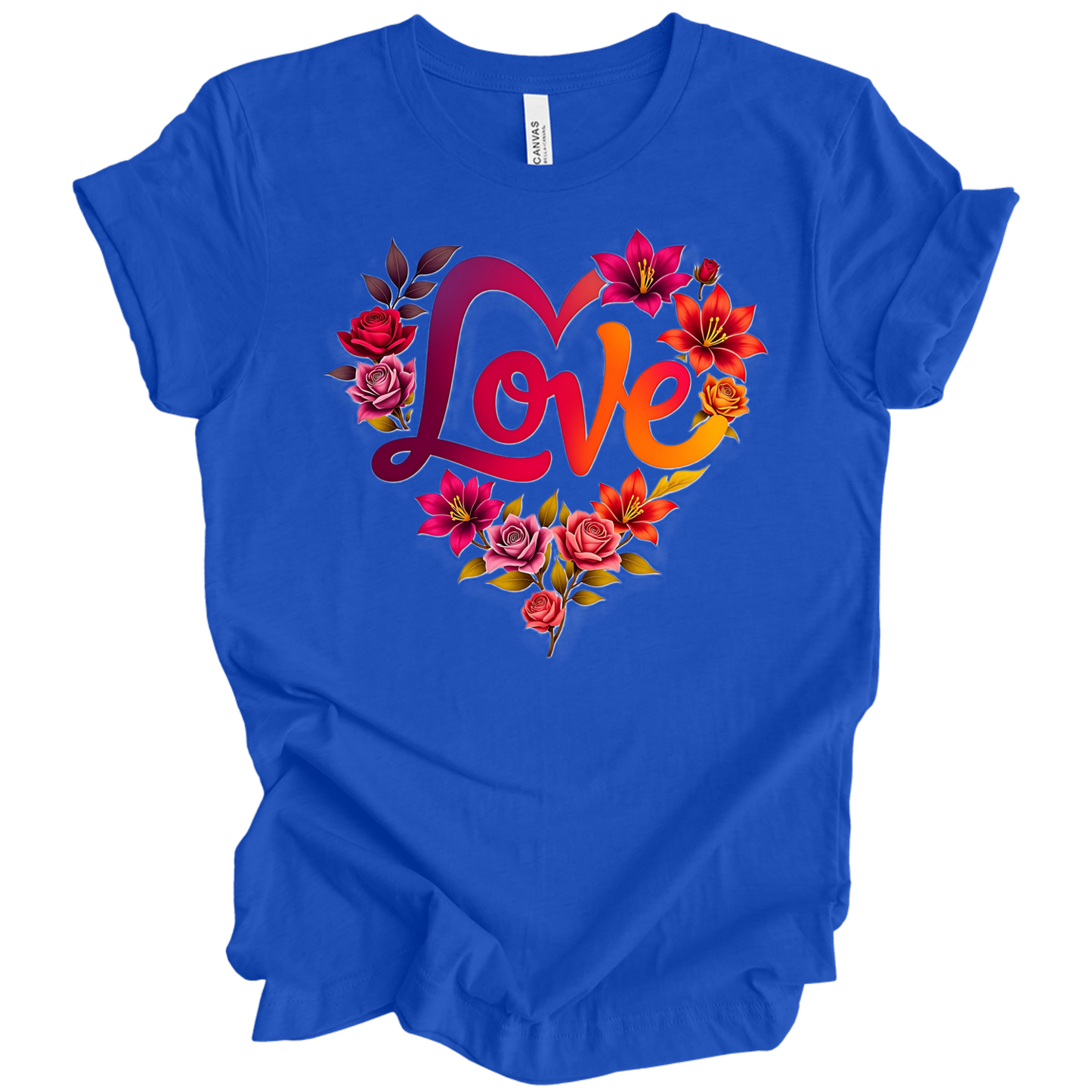Royal Blue colour valentines day t-shirt with the a design of 'Love' wording and surrounded floral design, front printed.