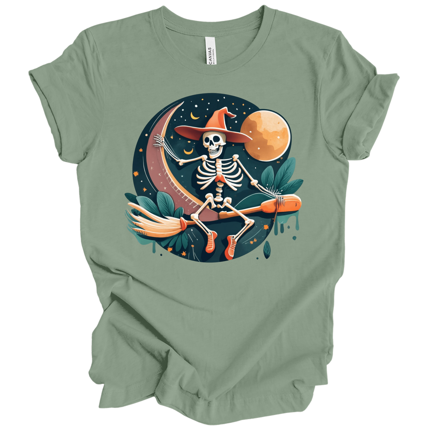 Green halloween t-shirt with a skeleton on a broomstick wearing a witch hat in the night time.