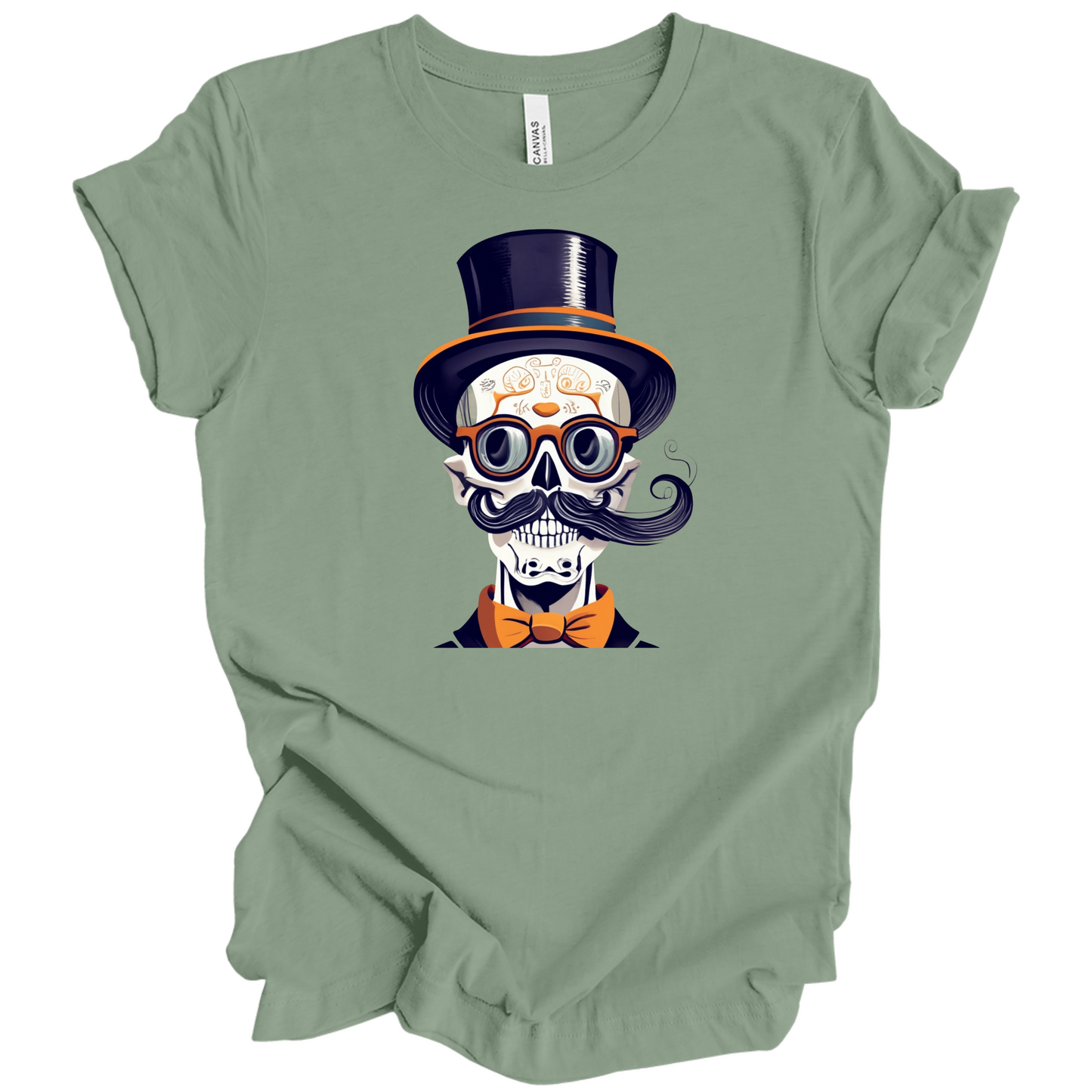 Green halloween t-shirt with a skull wearing a top hat, glasses, and bow tie.