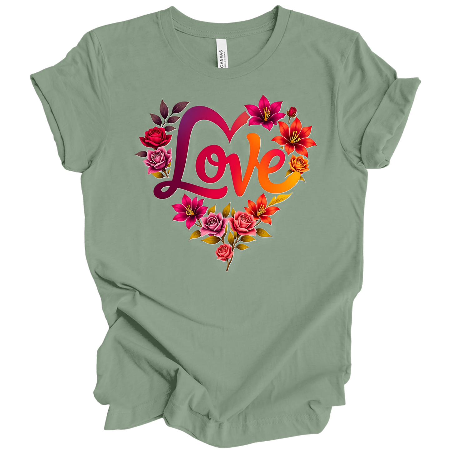 Sage Green colour valentines day t-shirt with the a design of 'Love' wording and surrounded floral design, front printed.