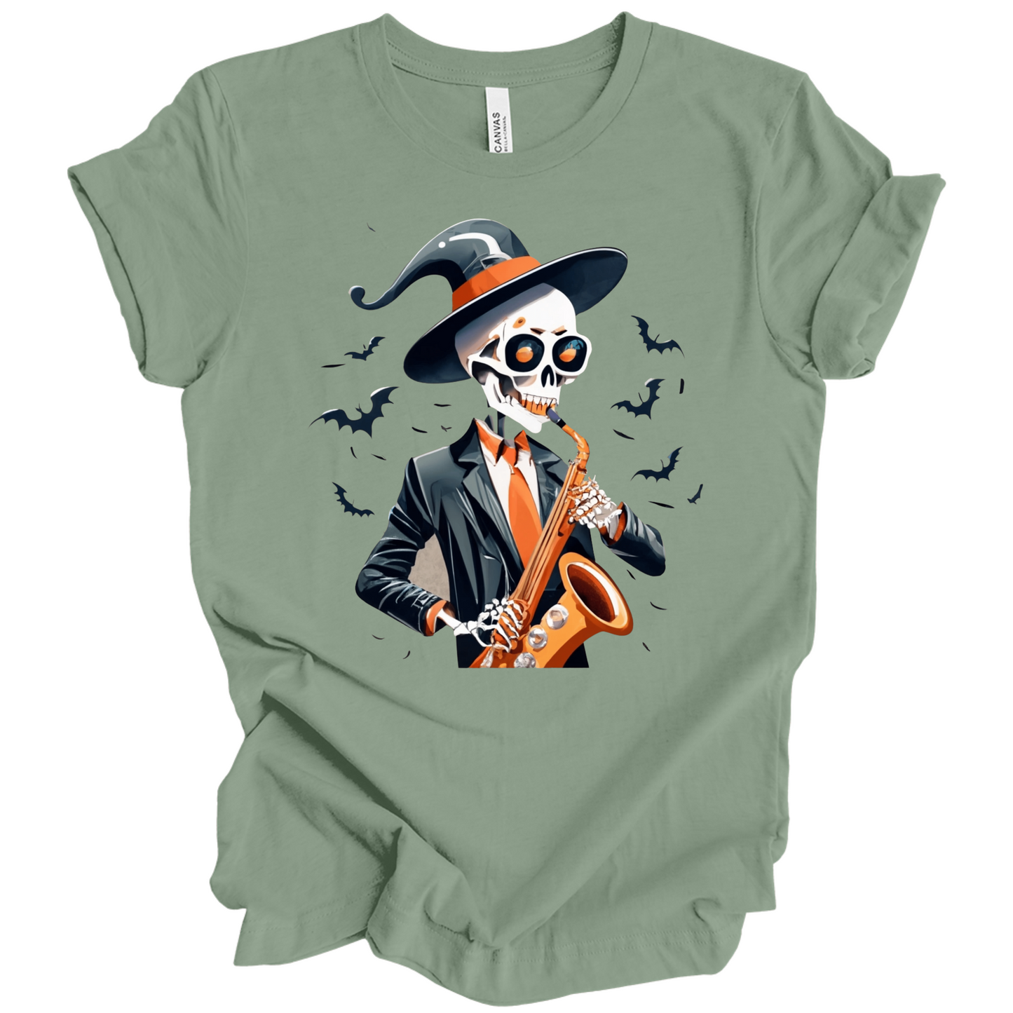 Green halloween t-shirt with a skeleton playing a saxophone and wearing a witch hat, surrounded by bats.