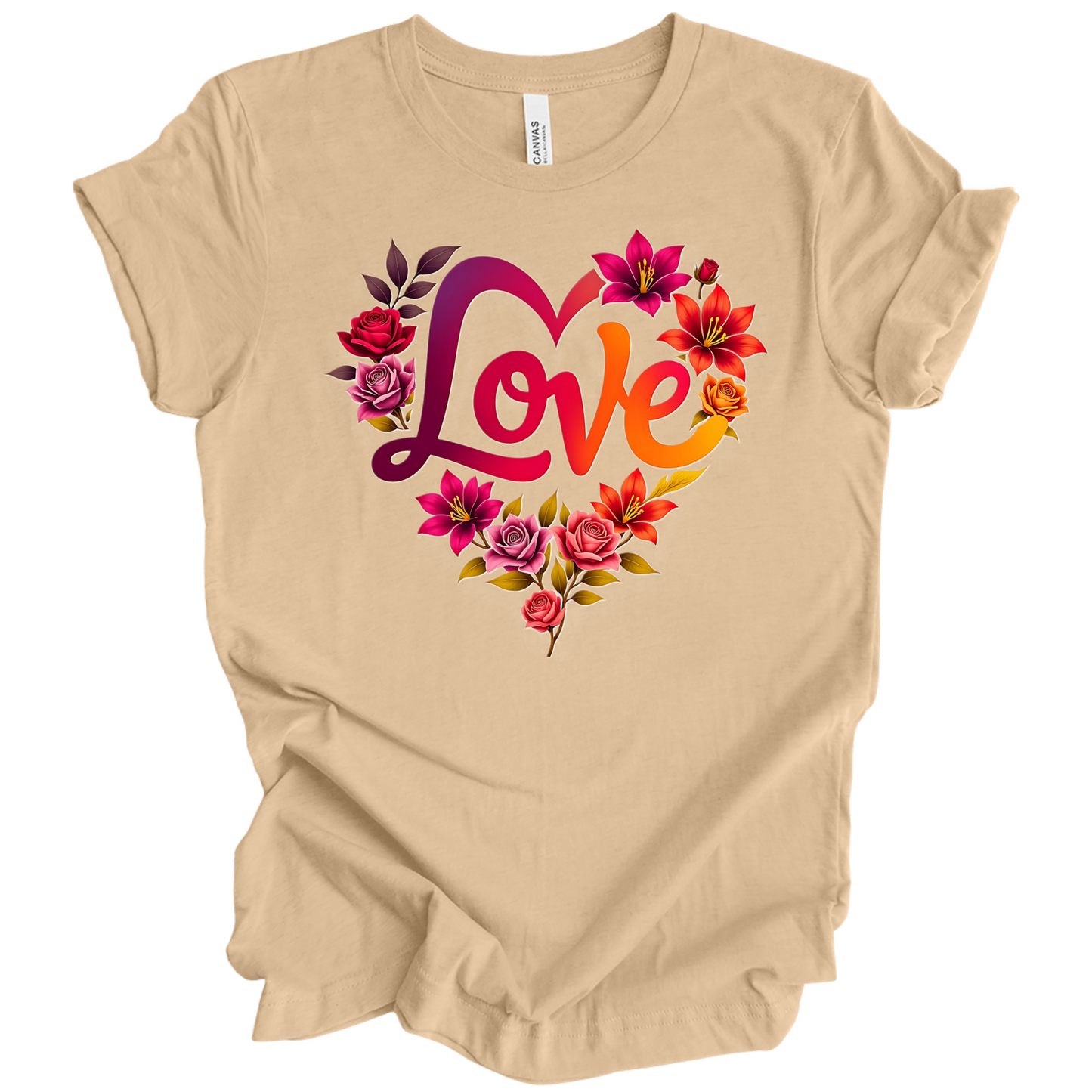 Sand Dune colour valentines day t-shirt with the a design of 'Love' wording and surrounded floral design, front printed.
