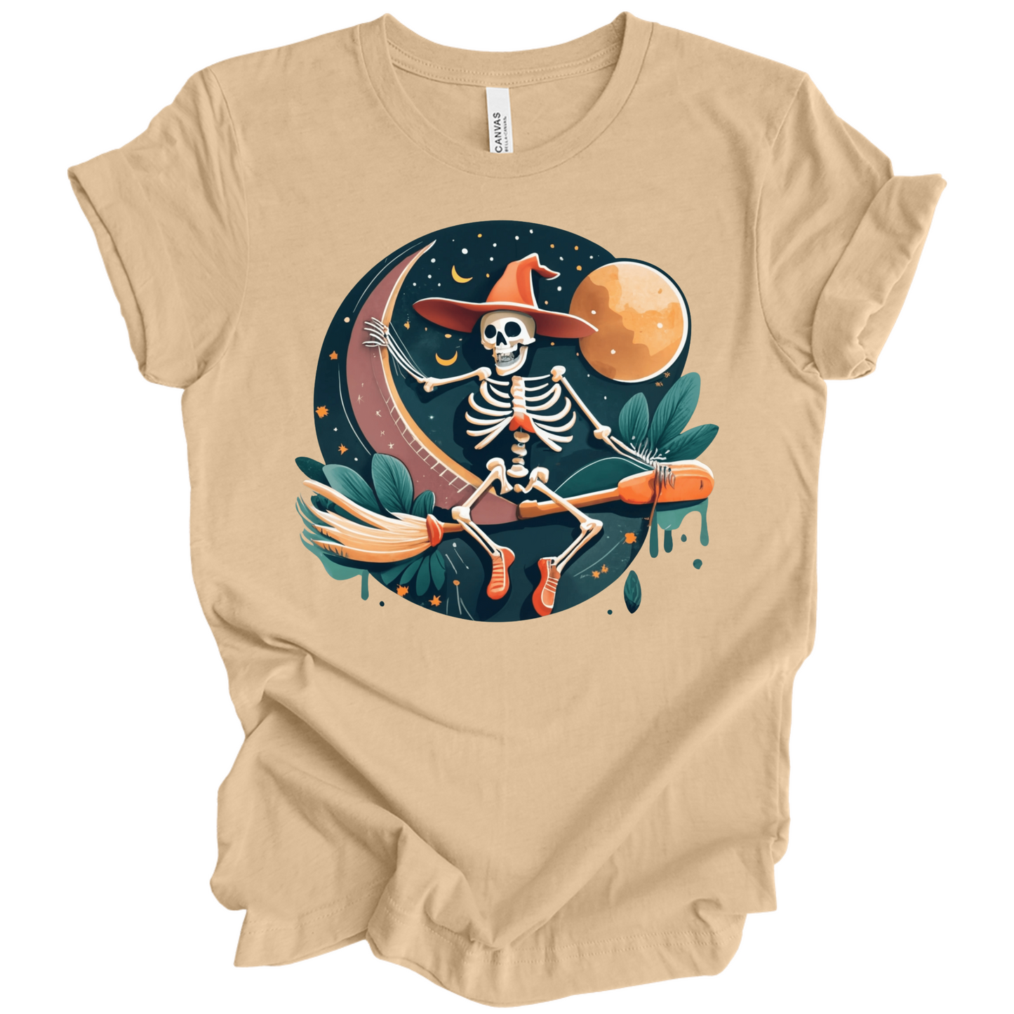 Beige halloween t-shirt with a skeleton on a broomstick wearing a witch hat in the night time.