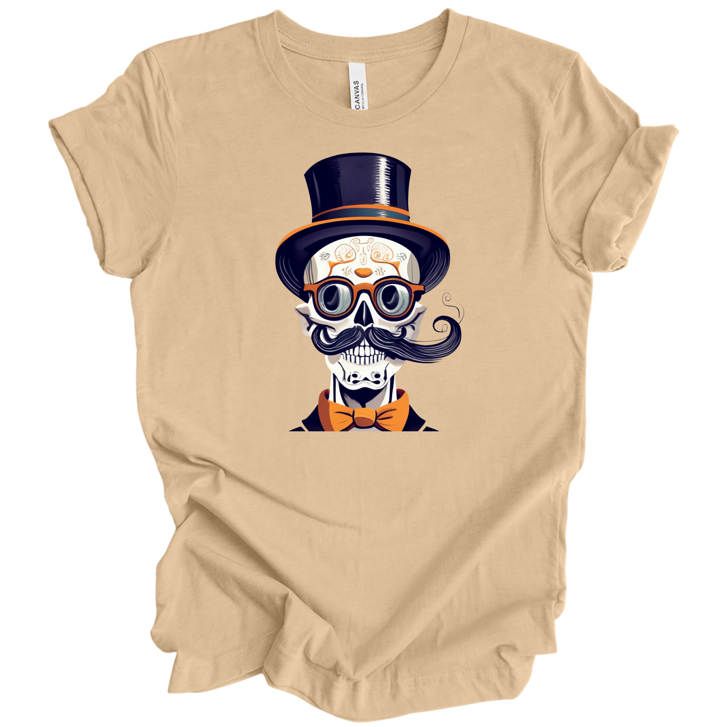 Beige halloween t-shirt with a skull wearing a top hat, glasses, and bow tie.
