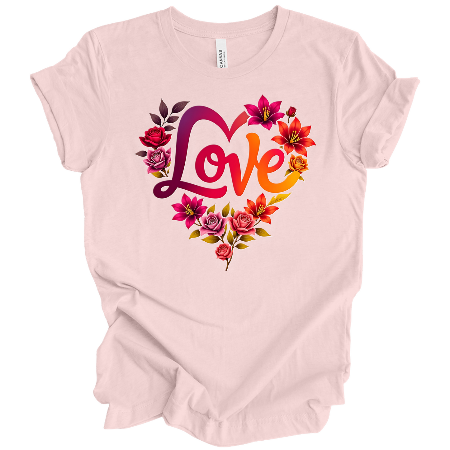 Soft Pink colour valentines day t-shirt with the a design of 'Love' wording and surrounded floral design, front printed.
