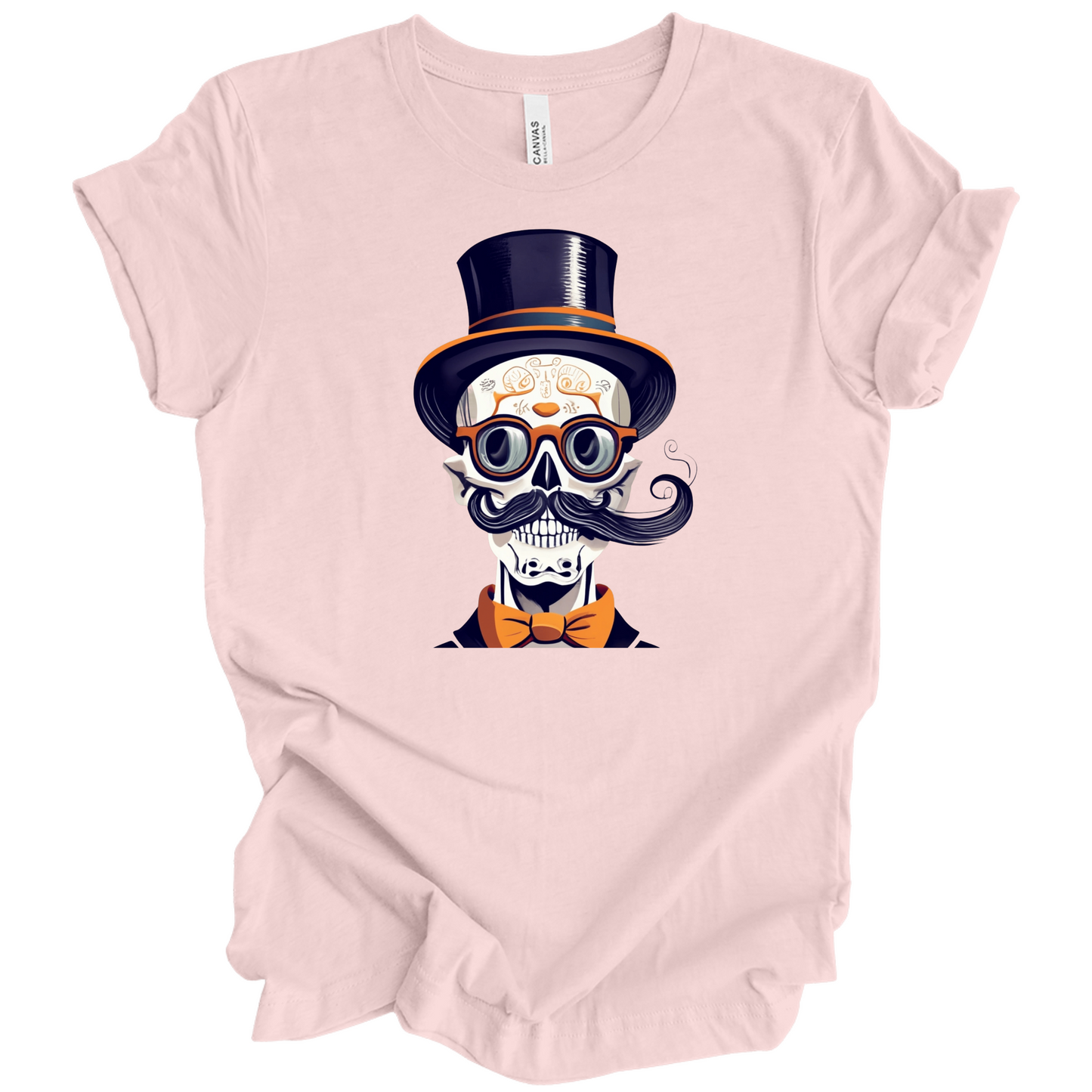Pink halloween t-shirt with a skull wearing a top hat, glasses, and bow tie.