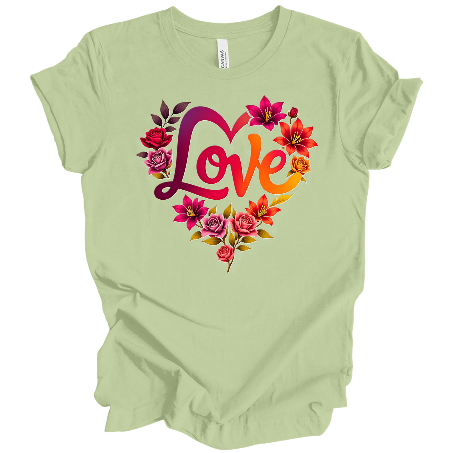 Spring Green colour valentines day t-shirt with the a design of 'Love' wording and surrounded floral design, front printed.