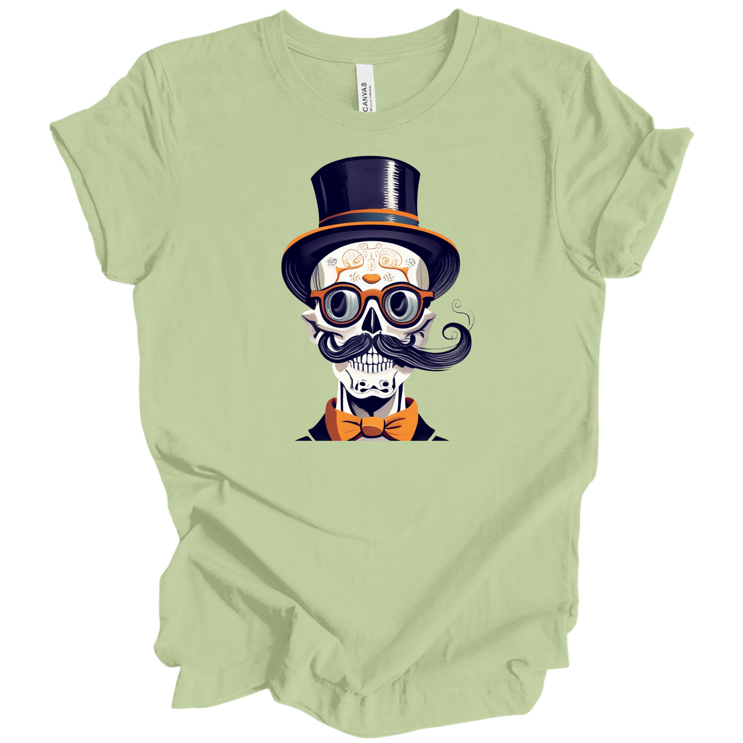 Light green halloween t-shirt with a skull wearing a top hat, glasses, and bow tie.