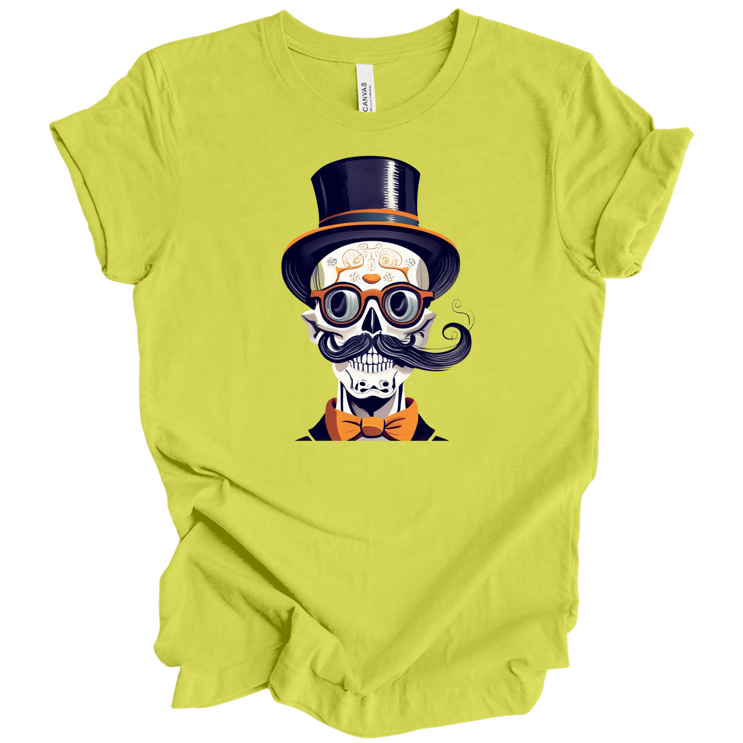 Light Green halloween t-shirt with a skull wearing a top hat, glasses, and bow tie.