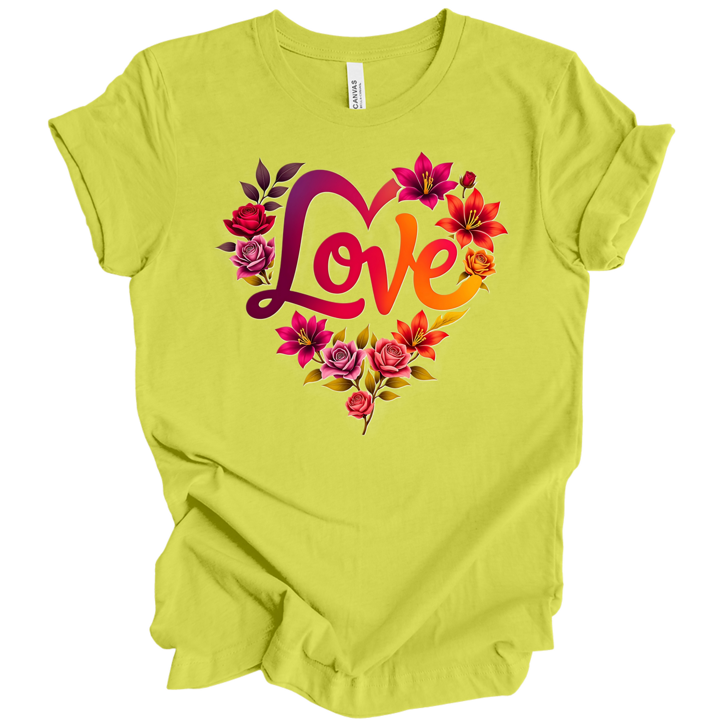 Strobe colour valentines day t-shirt with the a design of 'Love' wording and surrounded floral design, front printed.