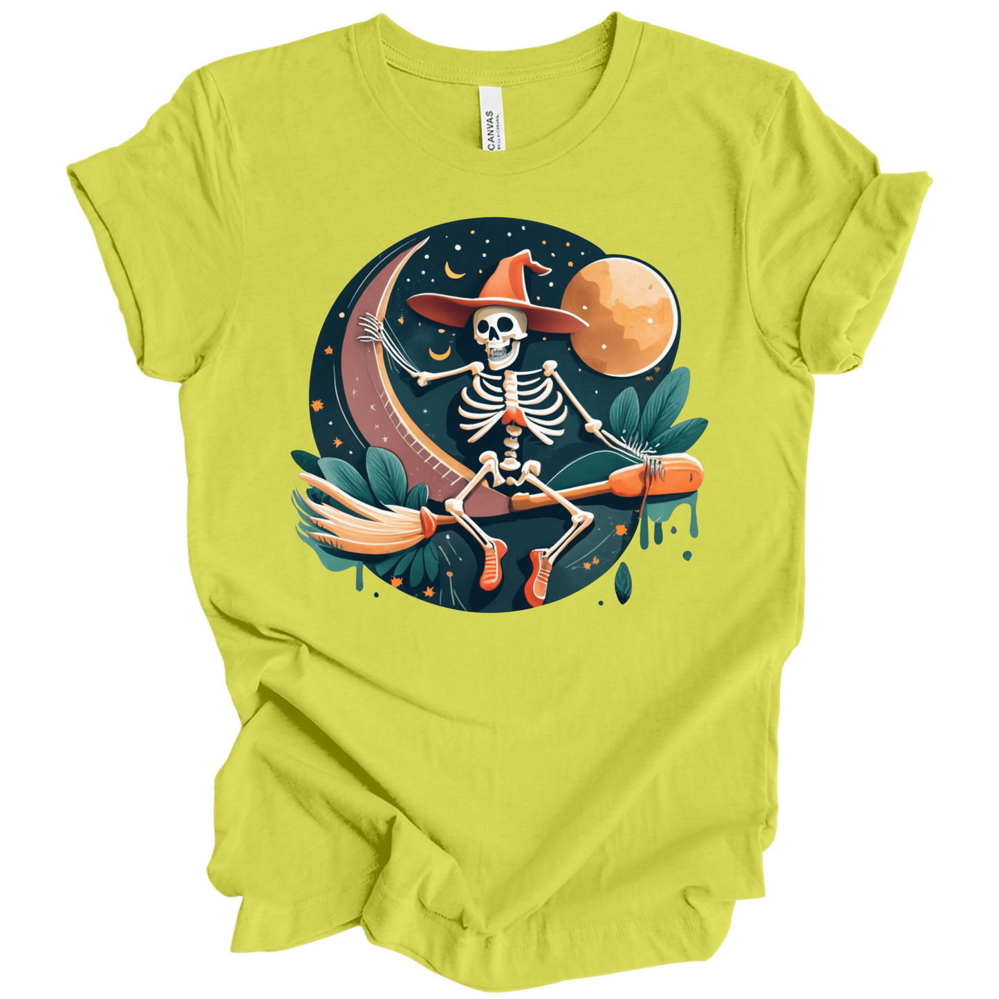 Light green halloween t-shirt with a skeleton on a broomstick wearing a witch hat in the night time.