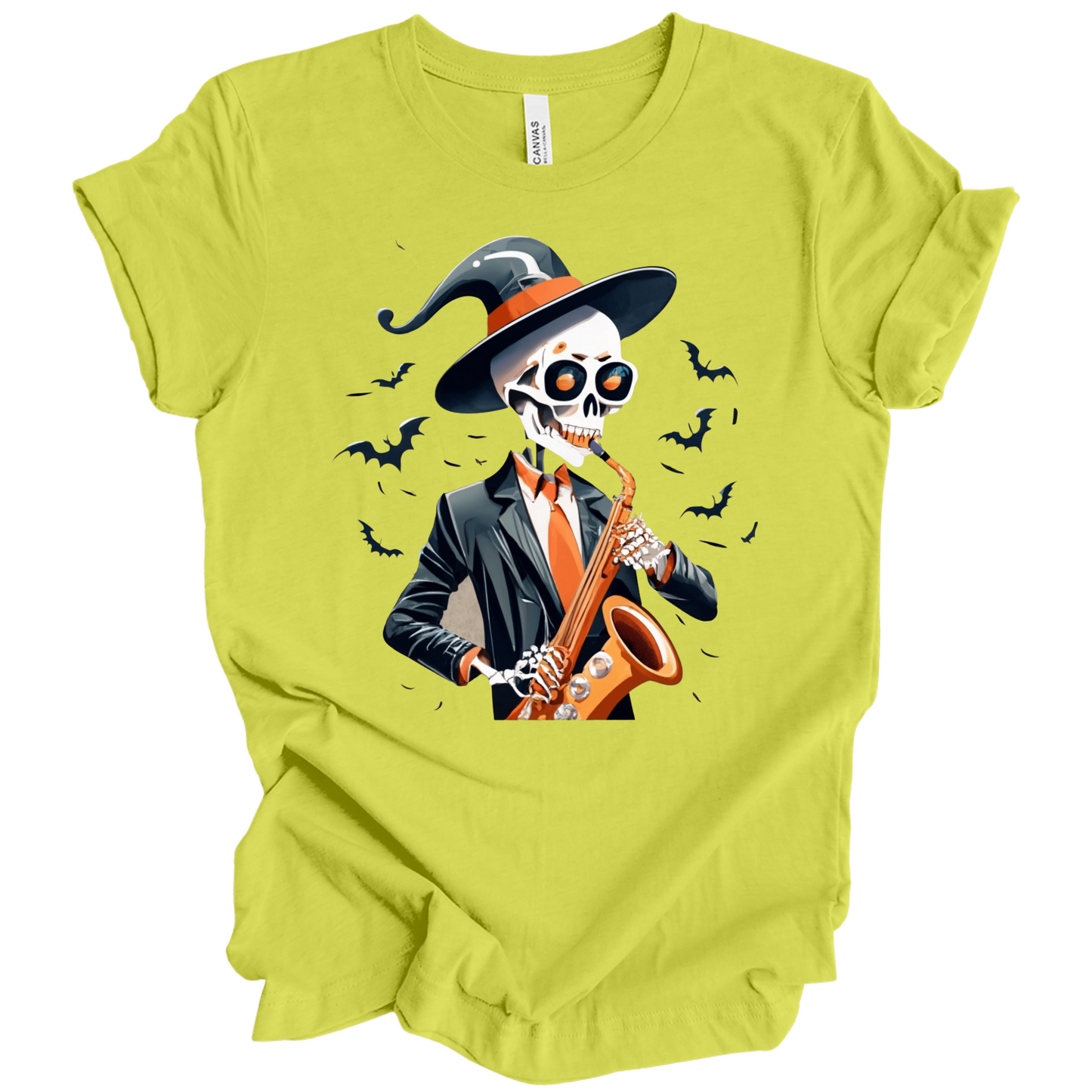 Green halloween t-shirt with a skeleton playing a saxophone and wearing a witch hat, surrounded by bats.