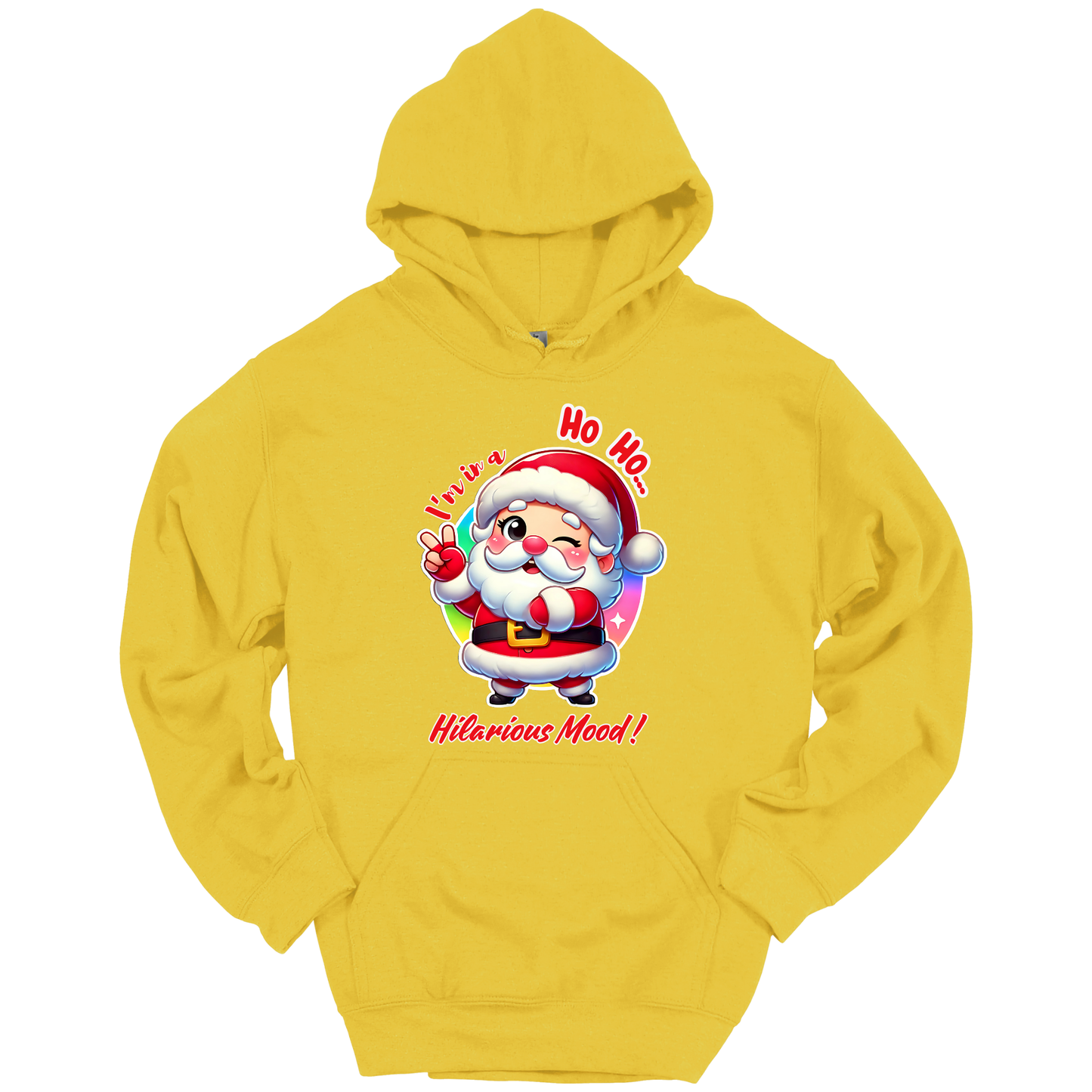 Yellow Christmas hoodie with a cartoon Santa Claus design