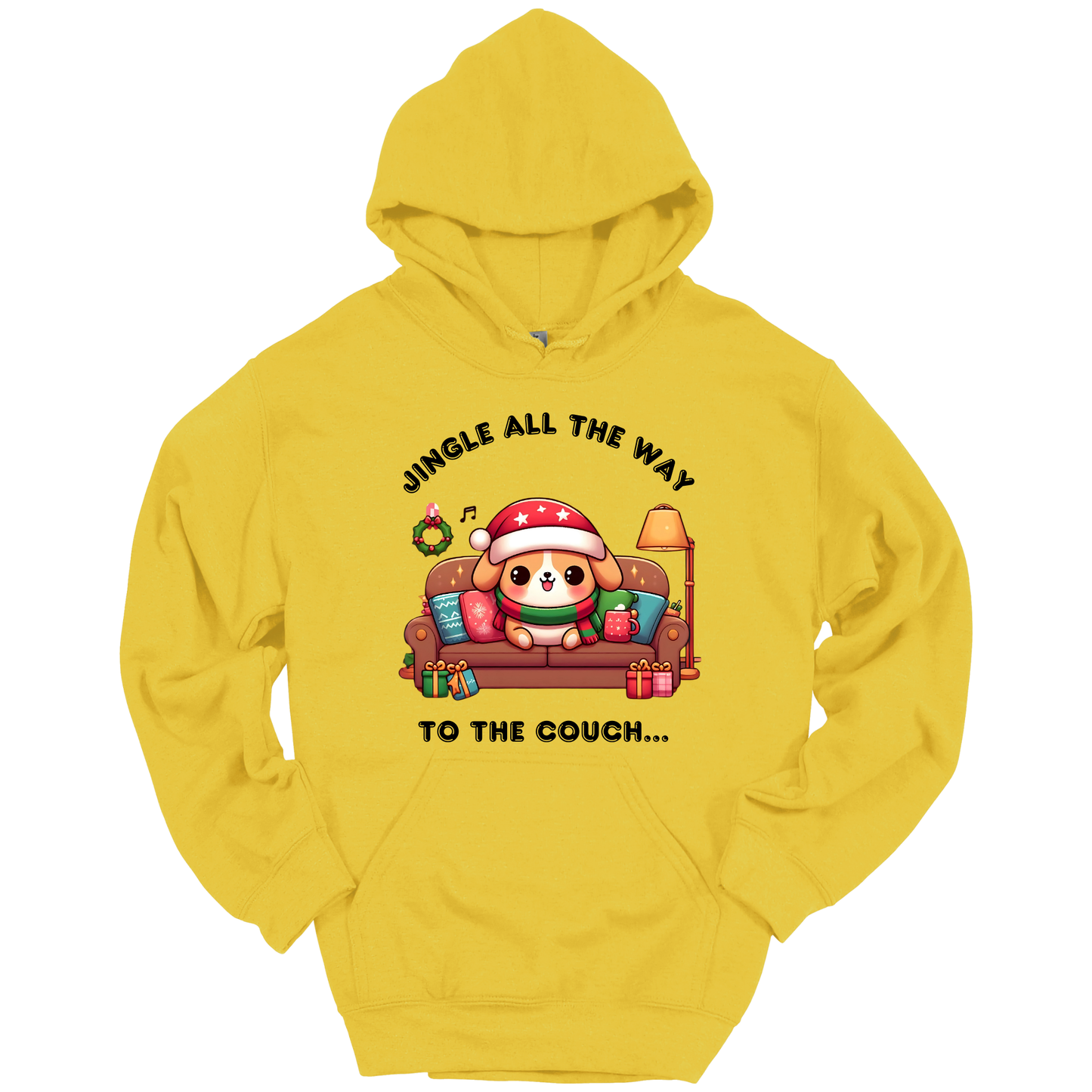 Yellow hoodie with Christmas-themed design of a dog on a couch and text 'Jingle all the way to the couch'.