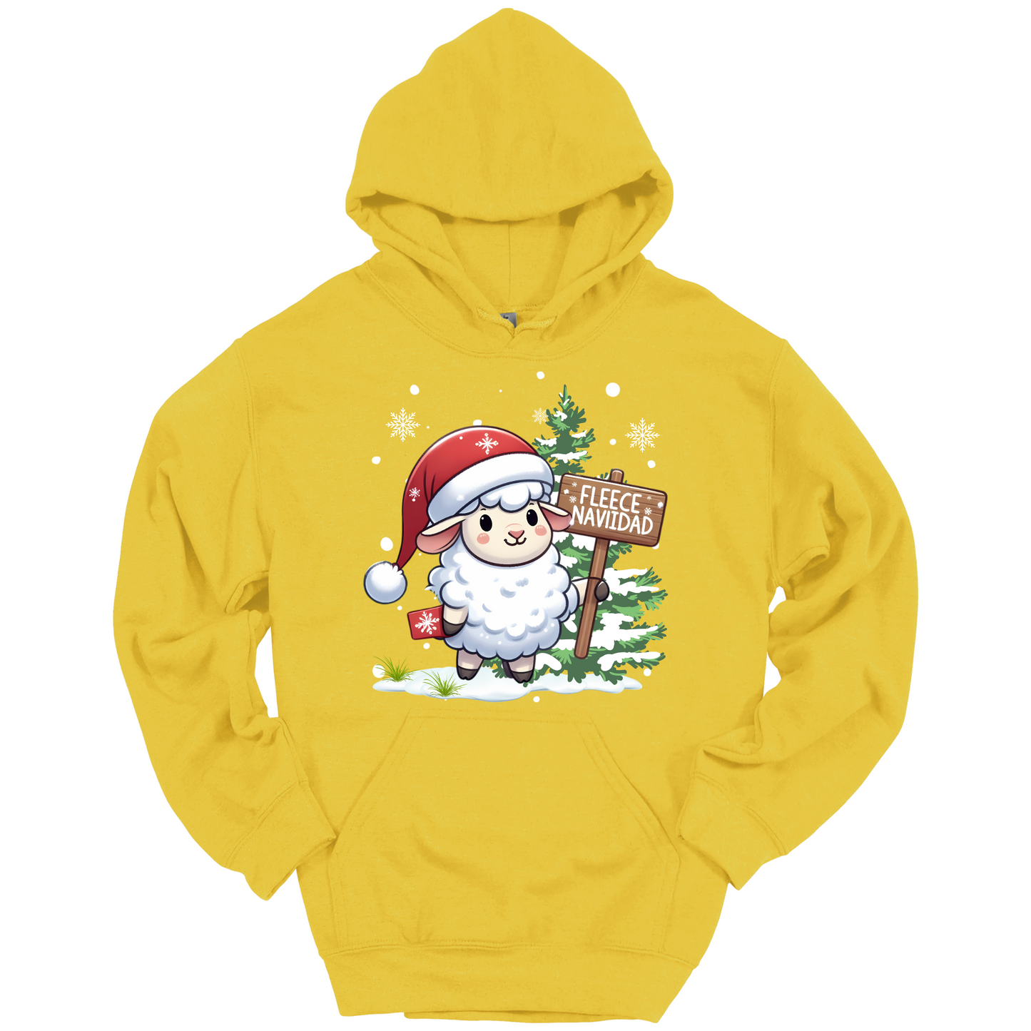 Yellow Christmas hoodie with a Christmas-themed design featuring a sheep in a Santa hat and a sign.