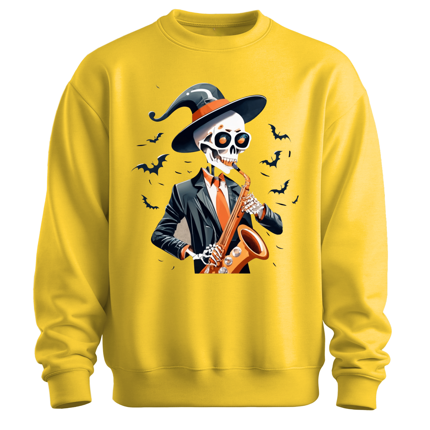 Yellow halloween sweatshirt with a skeleton playing a saxophone and wearing a witch hat, surrounded by bats.