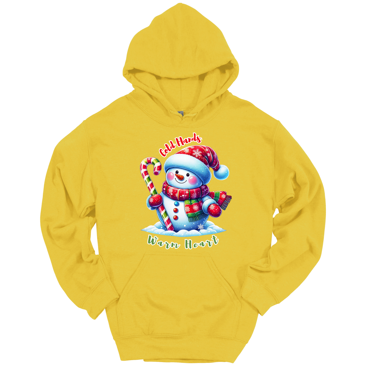 Yellow Christmas hoodie with a snowman graphic with a text "Cold Hands Warm Hearts"