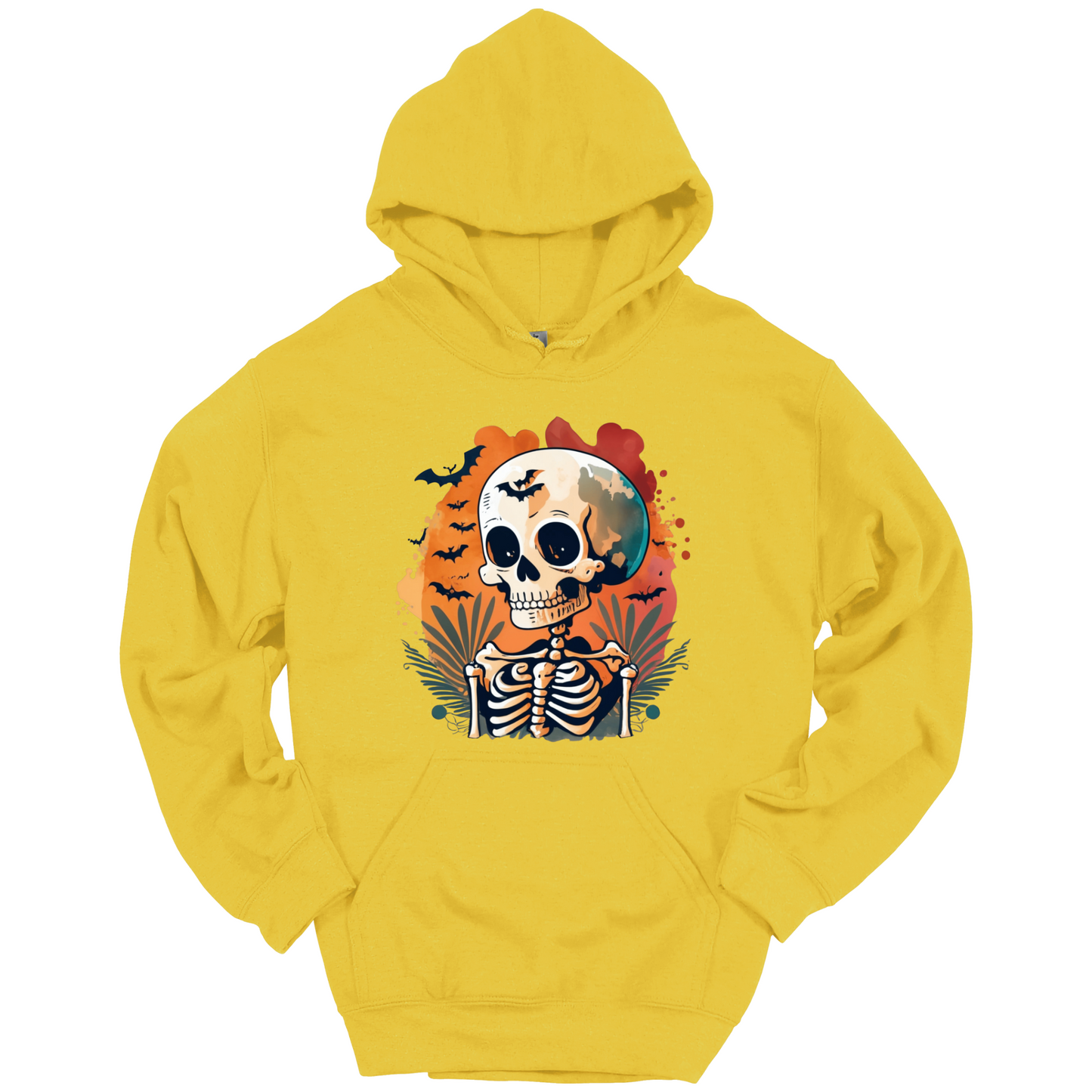 Yellow hoodie with a Halloween-themed design featuring a skull and skeleton surrounded with bats.