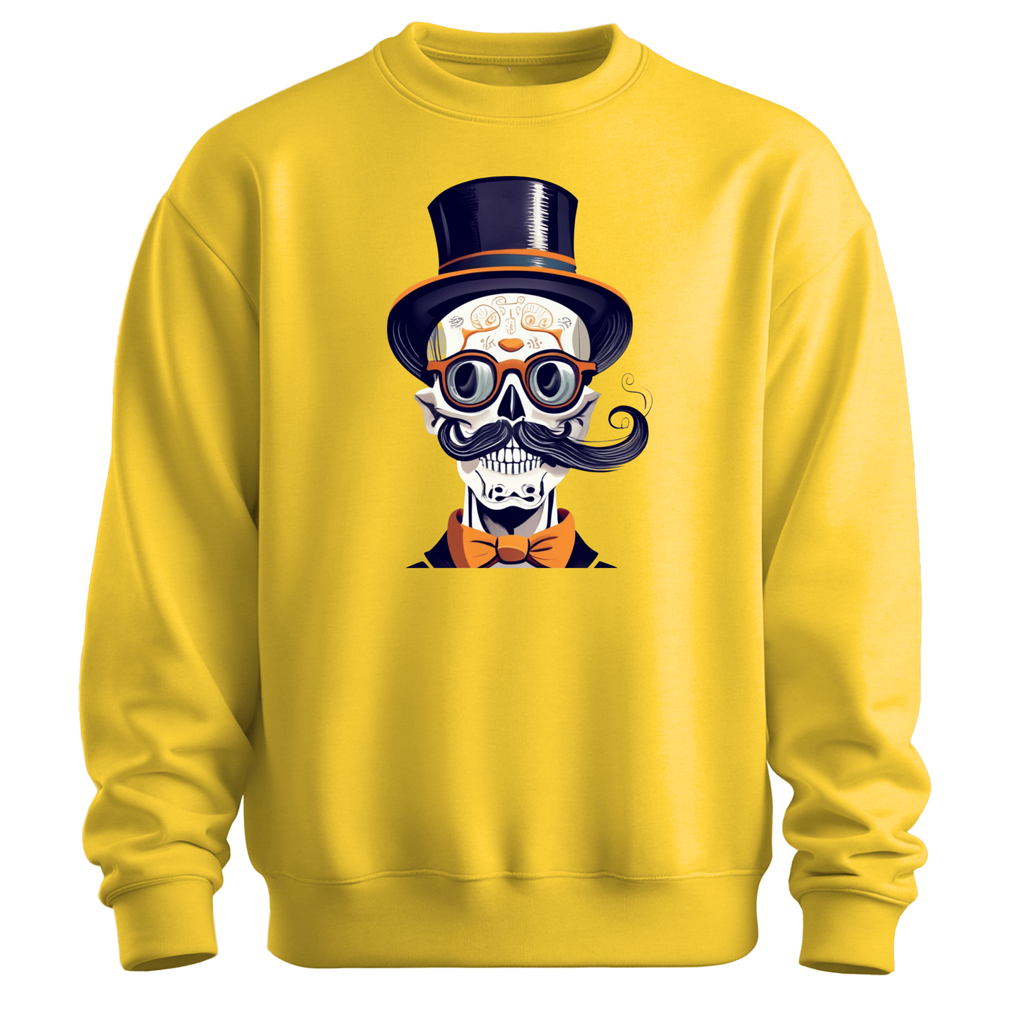 Yellow halloween sweatshirt with a skull wearing a top hat, glasses and a bow tie.