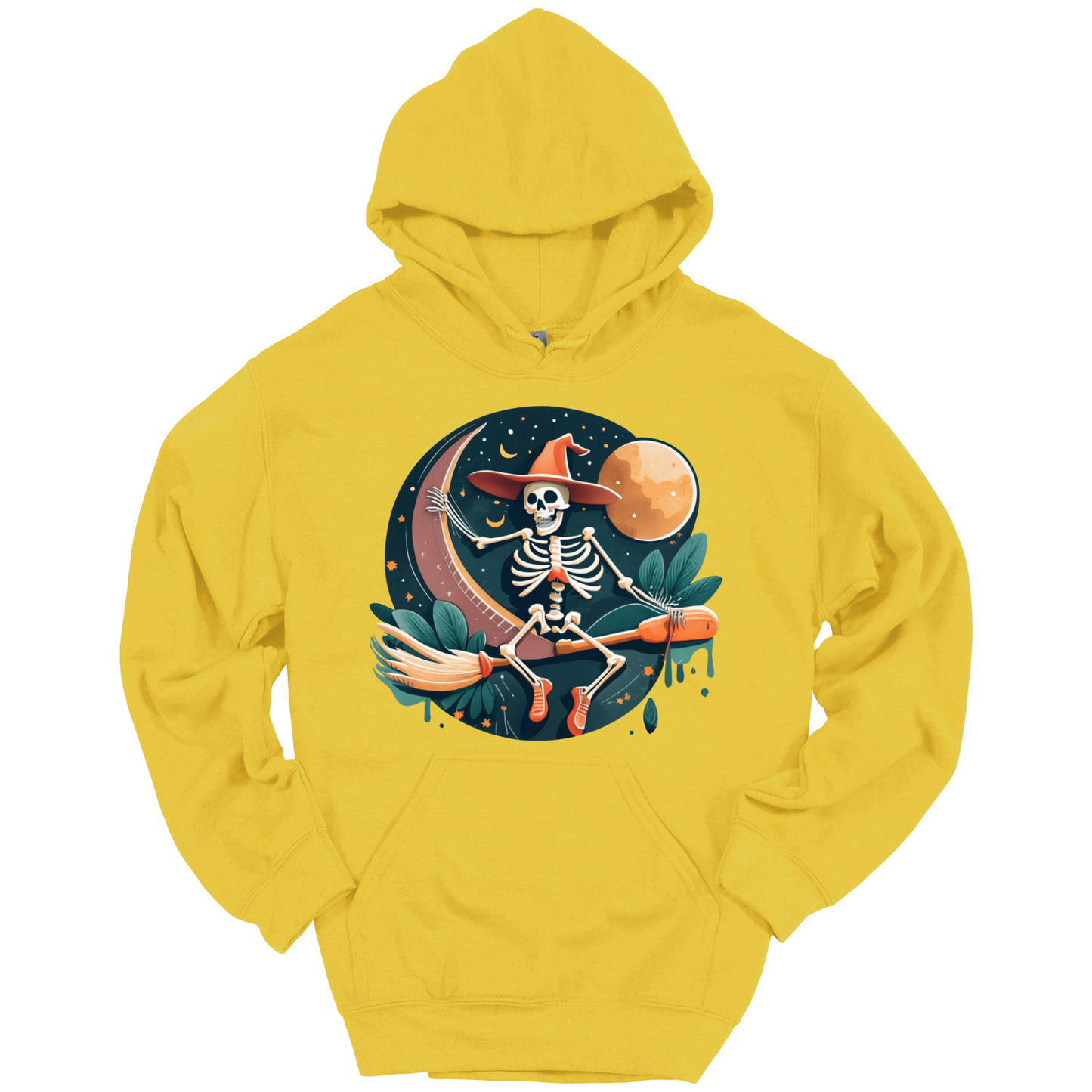 Yellow halloween hoodie with a skeleton on a broomstick wearing a witch hat in the night time.