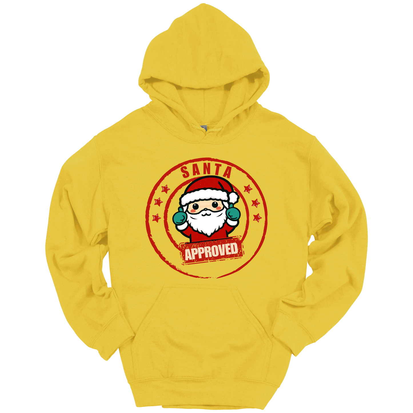 Yellow Christmas hoodie with a Santa Claus graphic and 'Approved' text.